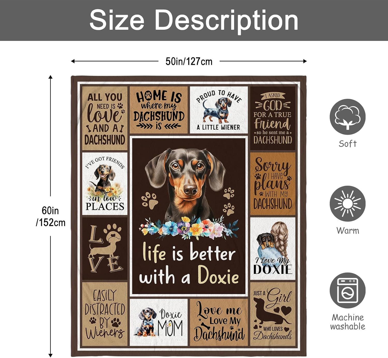 Dachshund Gifts for Women - Weiner Dog Gifts for Women/Dachshund Lovers - Dachshunds Themed Gift - Doxie Gifts Blanket 60"X50" - Image 7