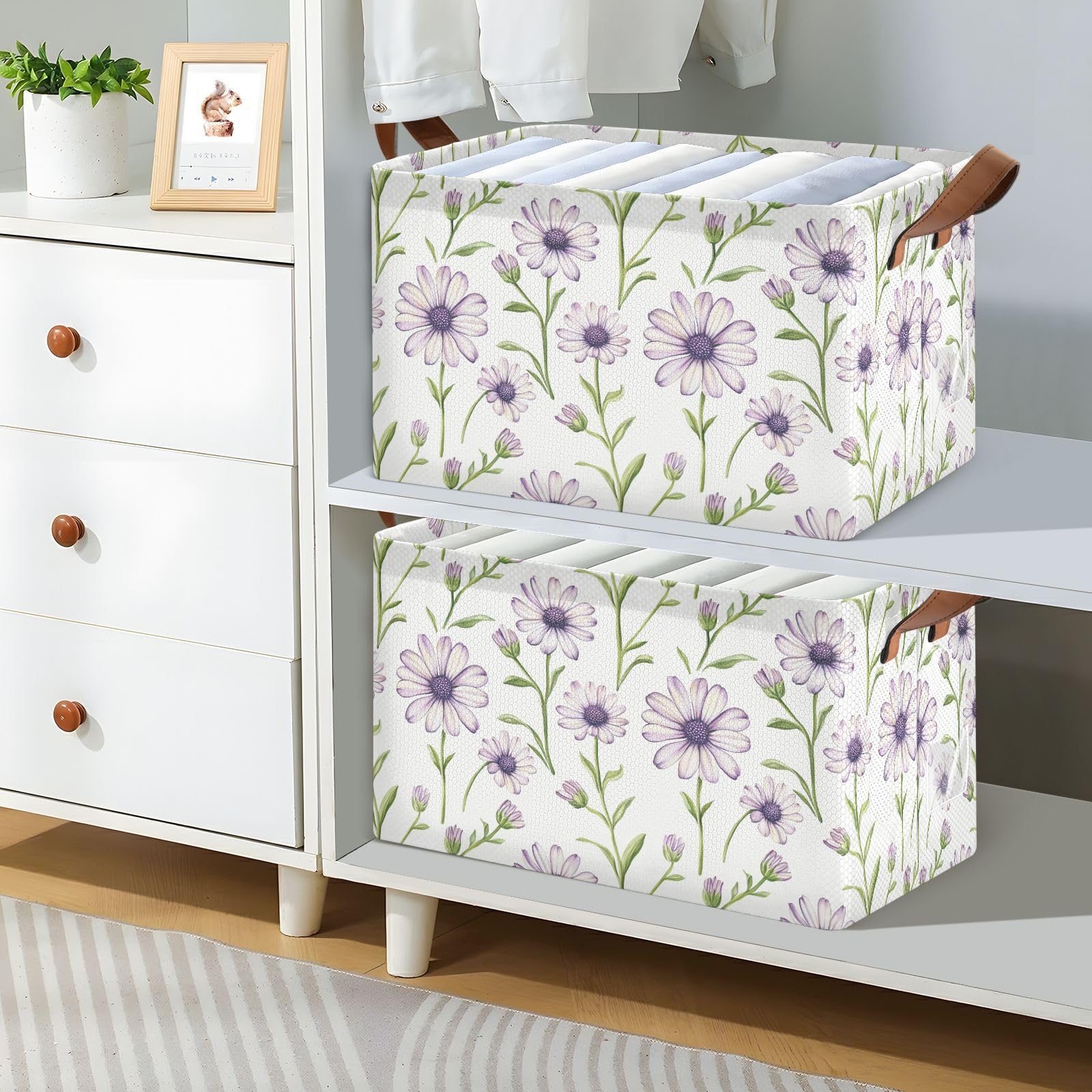 KLL Sweet Osteospermum fioletowe, neutralne, duże kosze do przechowywania z uchwytami, duży dekoracyjny organizer do szafy, półki, komody, 2 szt., cajas de almacenamiento para ropa