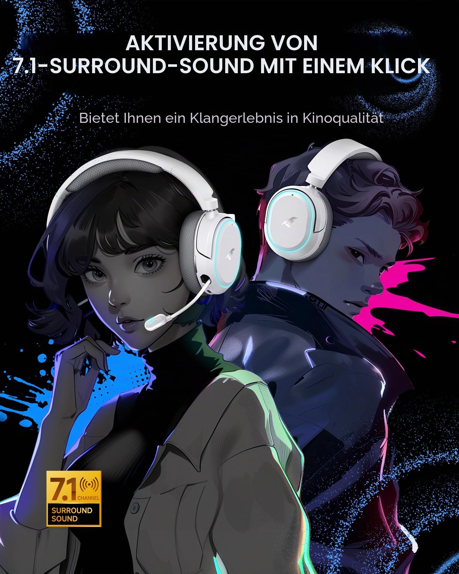 Picun G2 Wireless Gaming Headset, Over-Ear 7.1 Virtual Surround Sound, 2.4GHz/Bluetooth 5.4/Wired, 5ms Ultra-Low Latency, 100H Battery, ENC Noise Canceling Mic, RGB, for PC PS5 PS4 Switch (Grau)