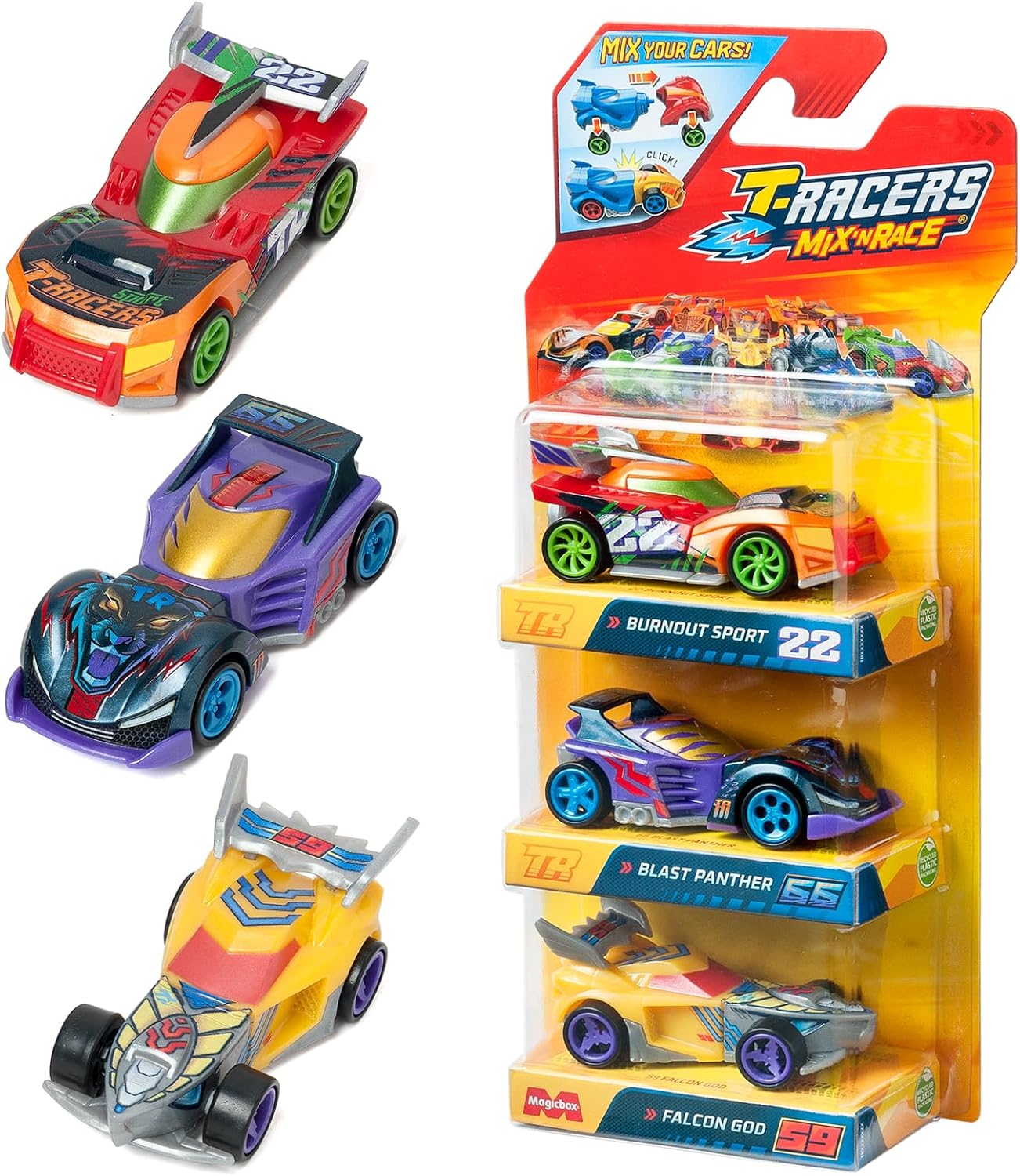T-RACERS Mix  N RACE 3 Pack   Pack of 3 collectible cars. Each car can be split in two with interchangeable parts and wheels. Pack 2/12