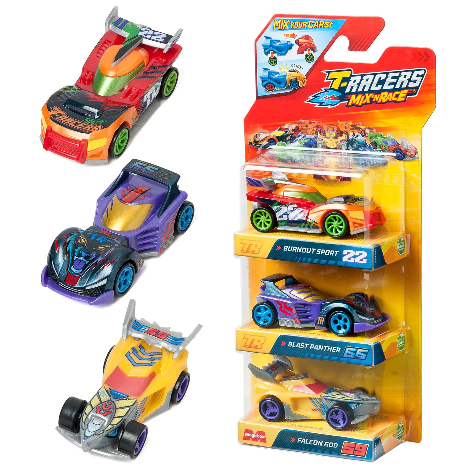T-RacersMix ´N RACE 3 Pack – Pack of 3 collectible cars. Each car can be split in two with interchangeable parts and wheels. Pack 2/12