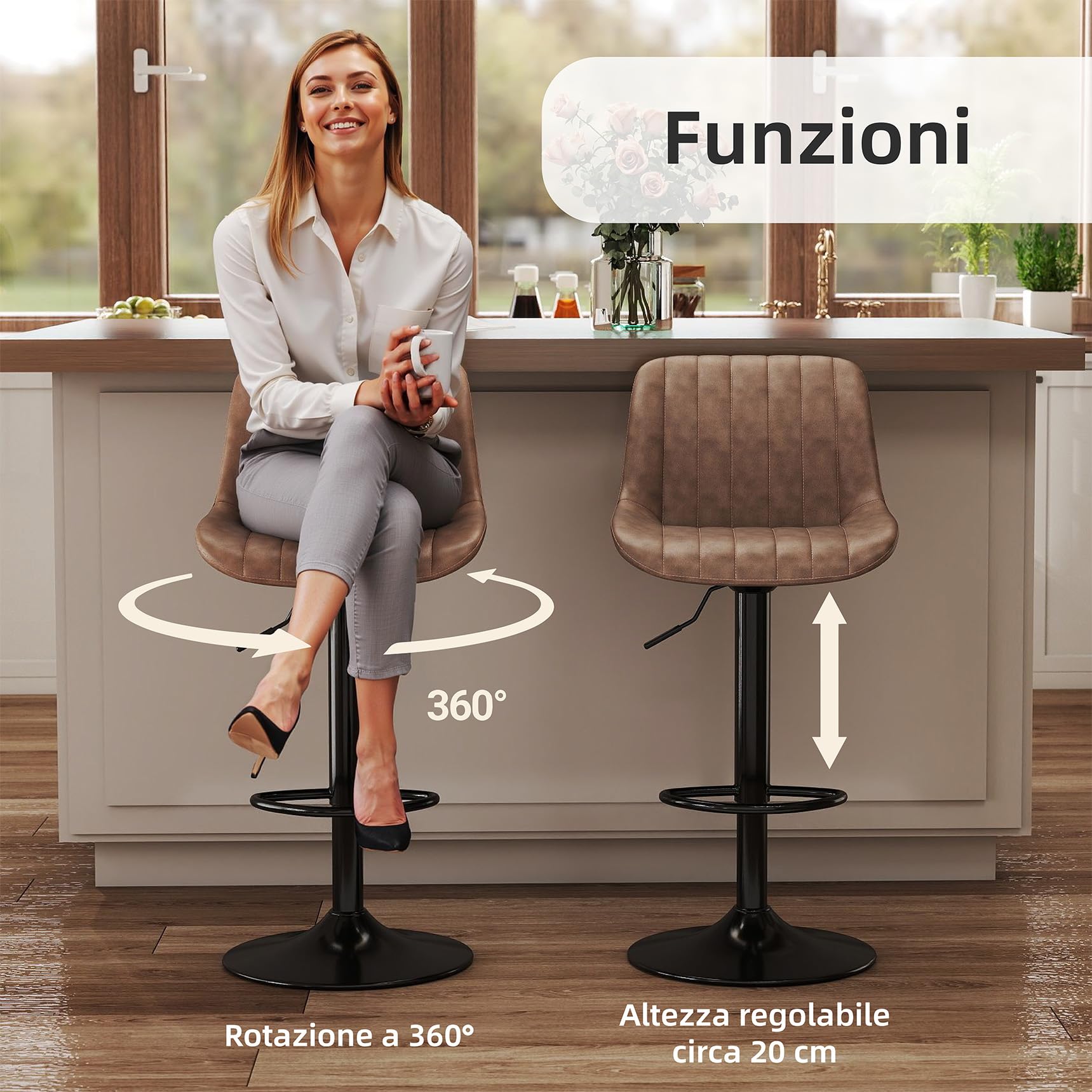 Youhauchair Sgabelli Cucina Set di 4, Sgabello Cucina Regolabile in Altezza con Schienale, Sgabelli Bar in Pelle PU, Sgabello Alto Moderni Design, Marrone