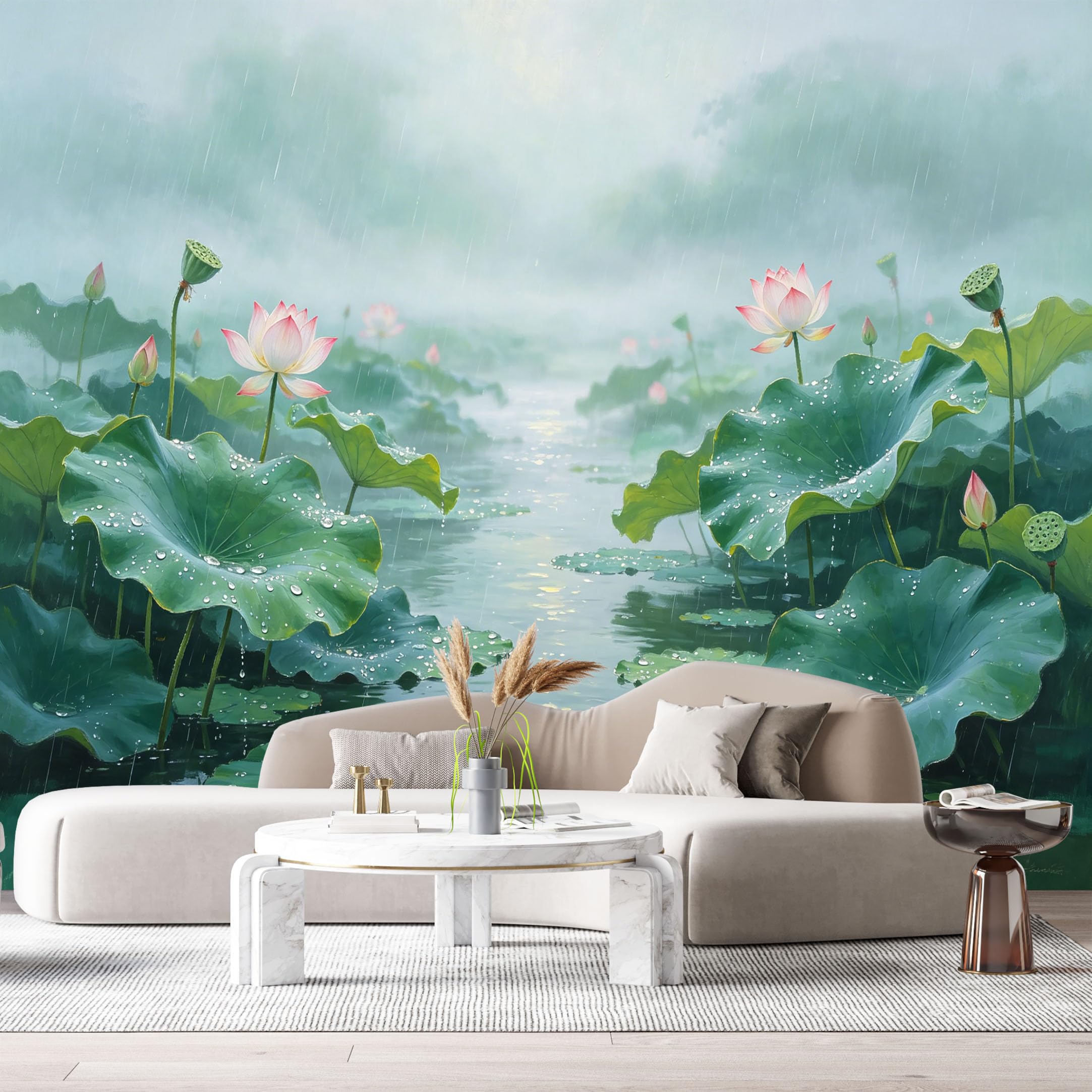 Custom Size Wall Murals Lotus Pond Landscape Watercolor Rainy Lake Reflection SelfAdhesive Wall Fabric Removable Large Wallpaper for Photo Living Room