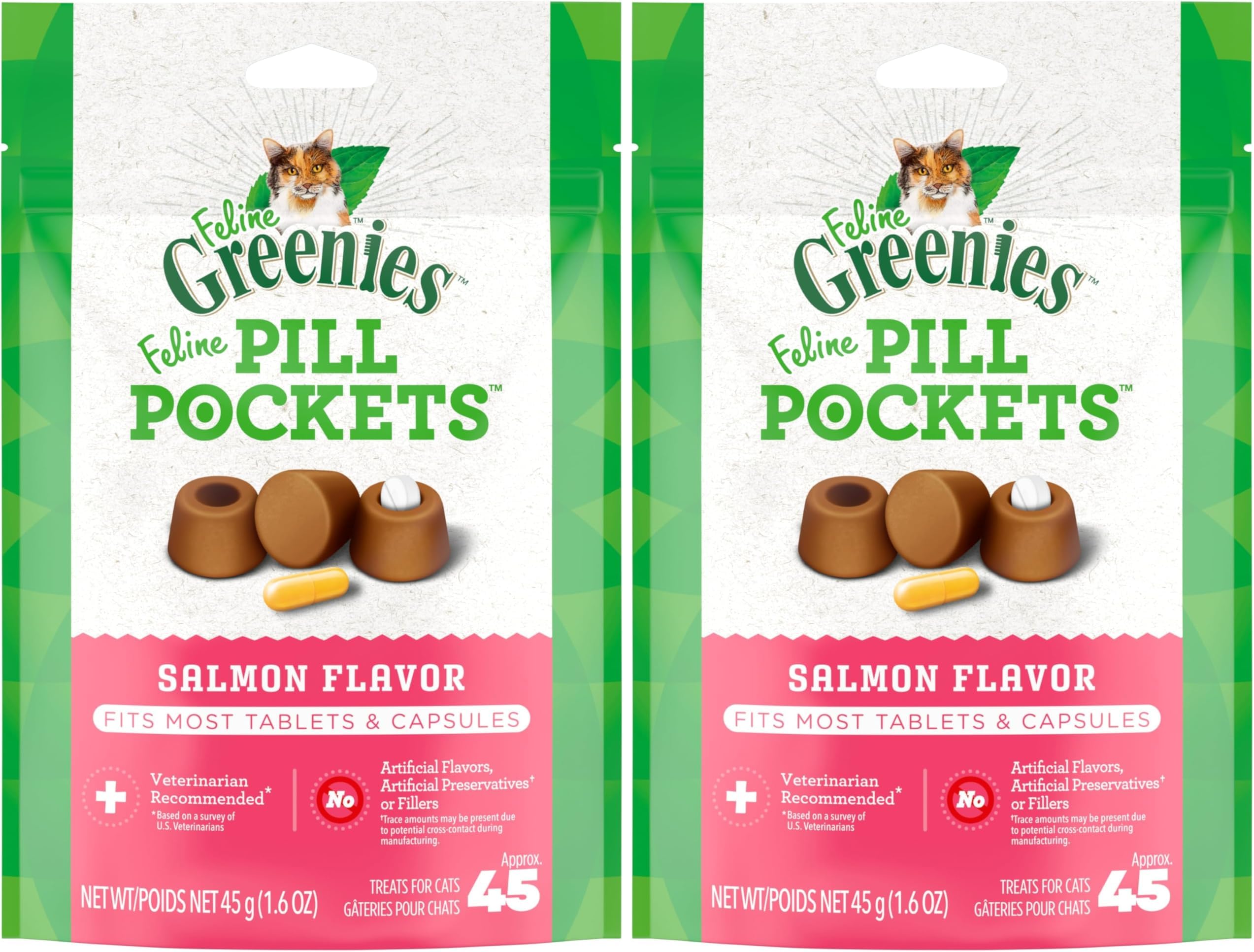 Greenies Feline Pill Pockets for Cats Natural Soft Cat Treats, Salmon Flavor, 1.6 oz. Pack (45 Treats) (Pack of 2)