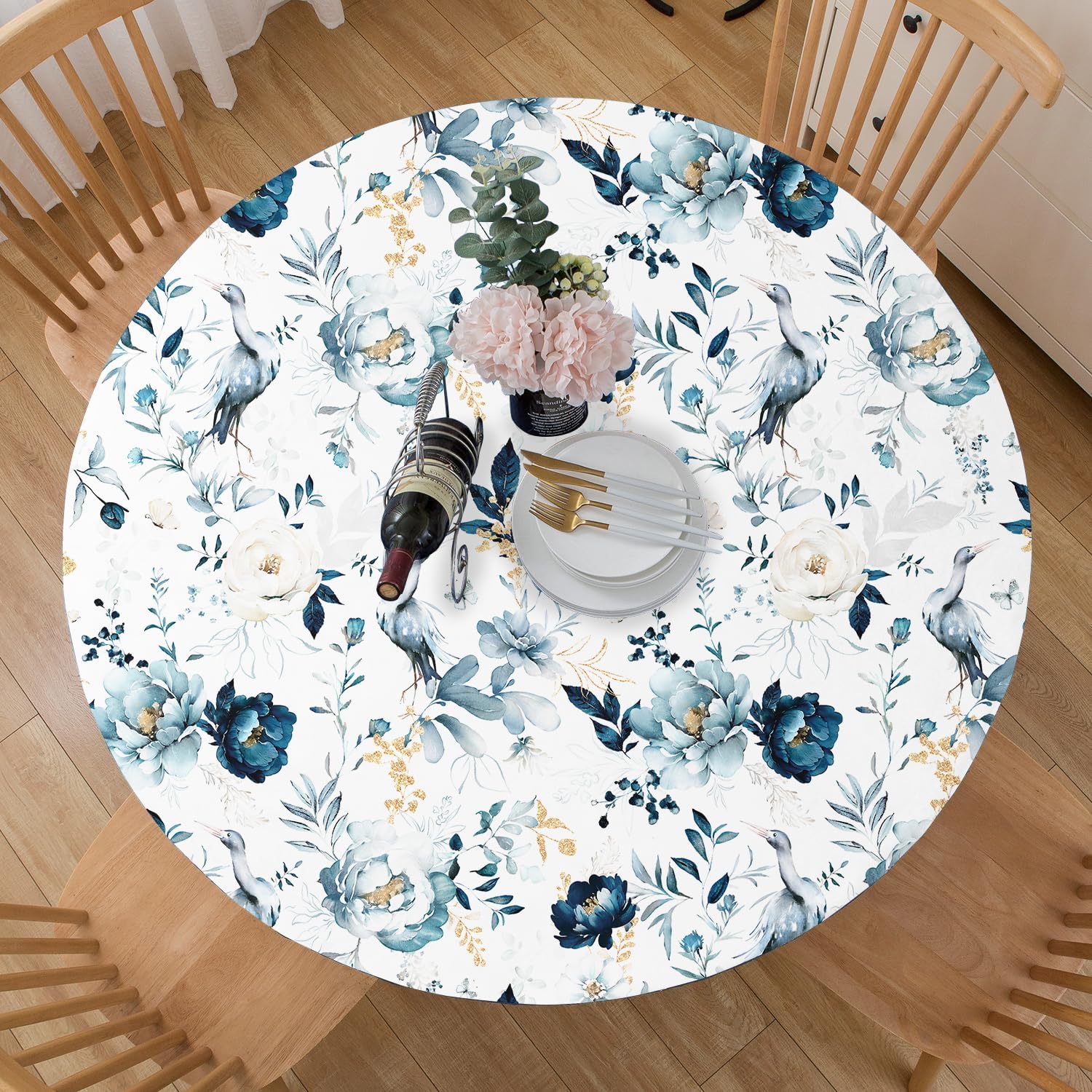 COKCOKR Round Tablecloth Fitted Elastic Edge Patio Table Covers Wrinkle Resistant Polyester Table Cloth for Picnic Camping Indoor and Outdoor?Blue Flower and Bird 36"-44" Flower Bird 44" (Round)