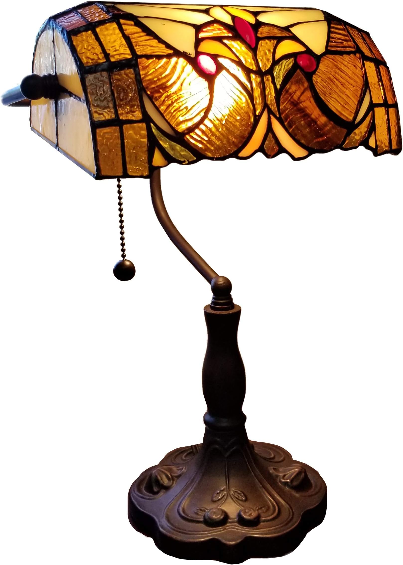 Amora Lighting Tiffany Style Table Lamp Banker Floral 13" Tall Stained Glass Tan Brown Red Vintage Antique Light Décor Night Stand Living Room Bedroom Handmade Gift AM339TL10, Multicolor
