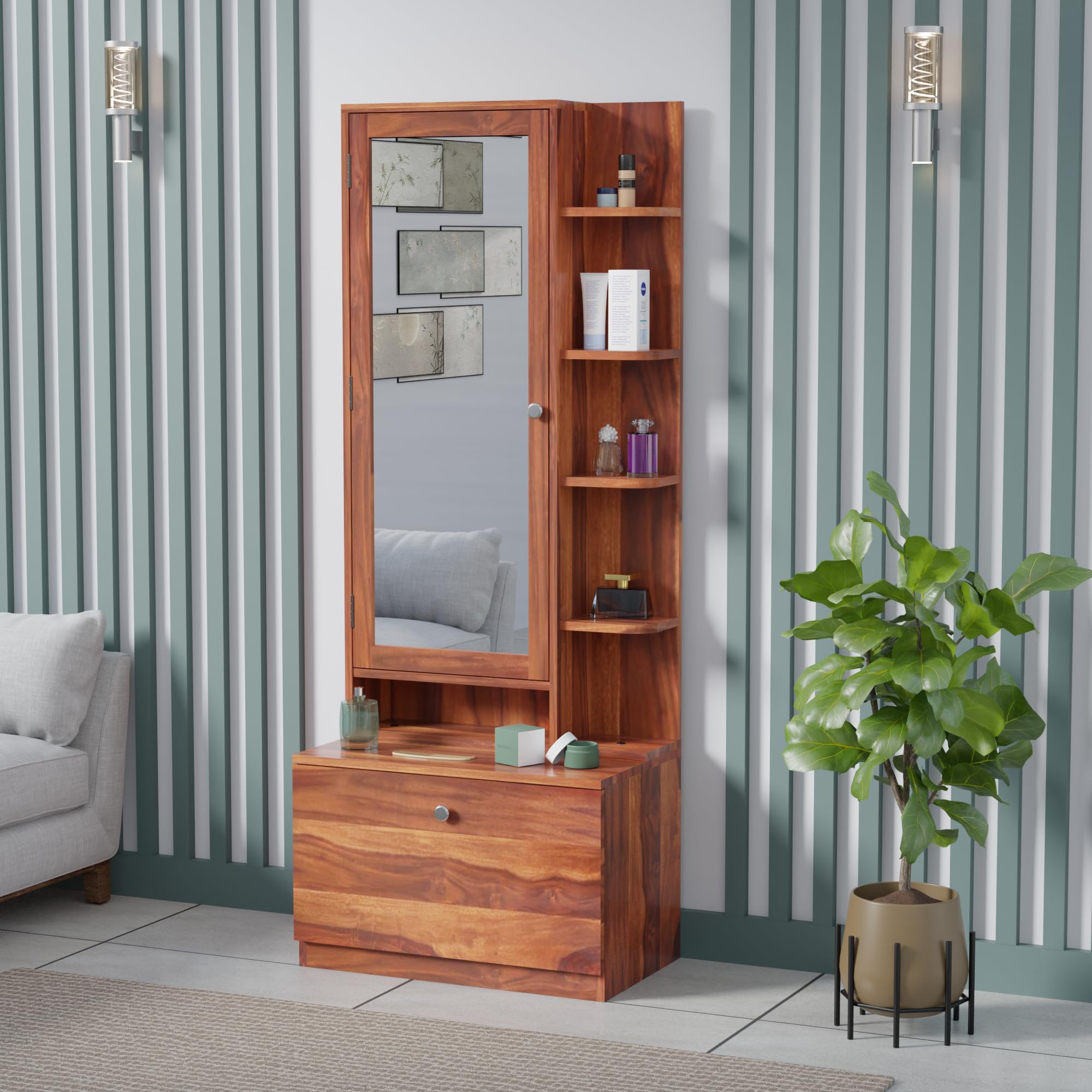 AMAZART Wood Dressing Table with Mirror and Storage | Wooden Dressing Table with Drawer | Dressing Table with Drawer and Shelve (Honey Finish)-image-31