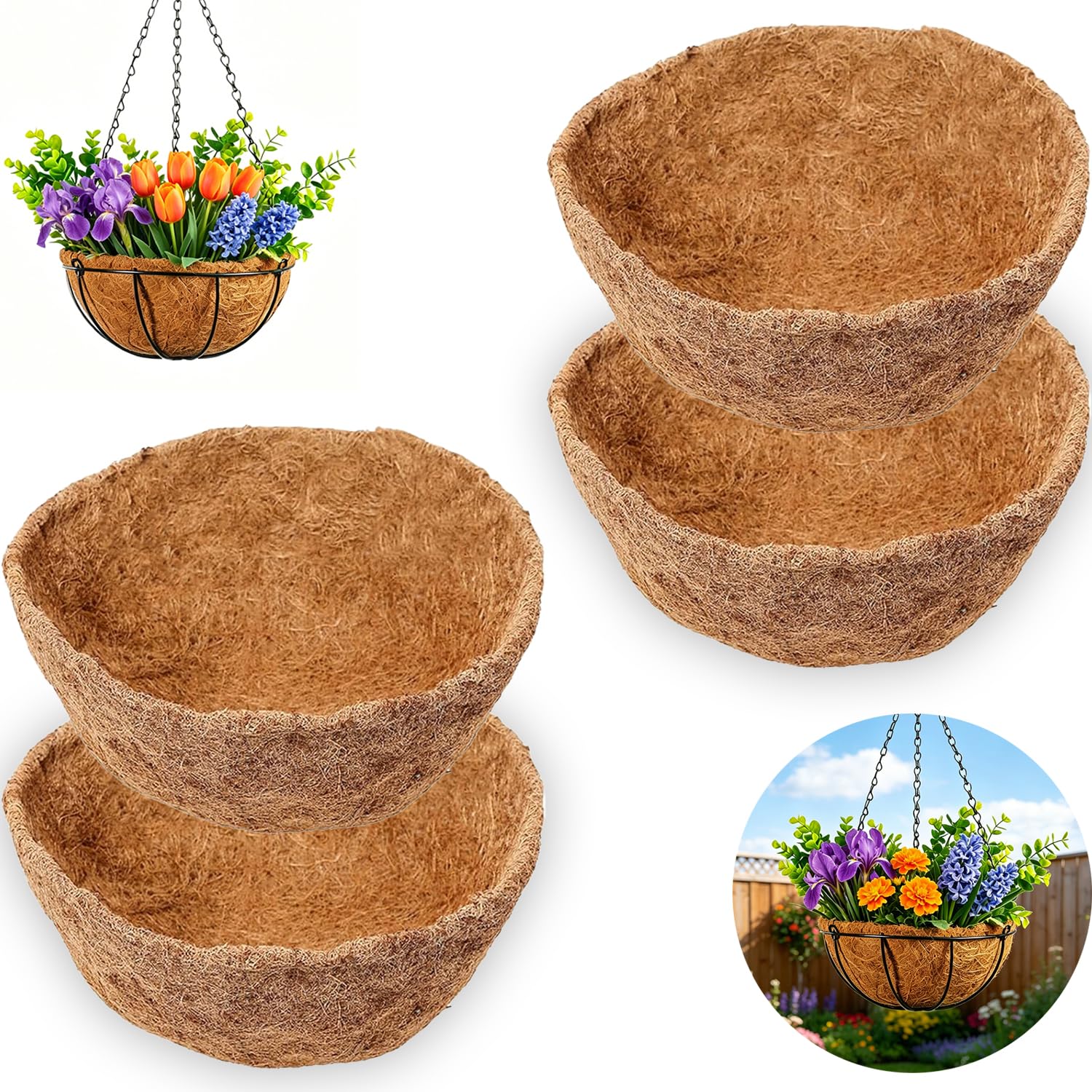 LSYLND 4 Pack 14 Inch Round Coco Liners Coir Replacement Hanging Basket Liners, Natural Coconut Fiber Inserts for Hanging Basket Outdoor Garden Plant Flower Decoration