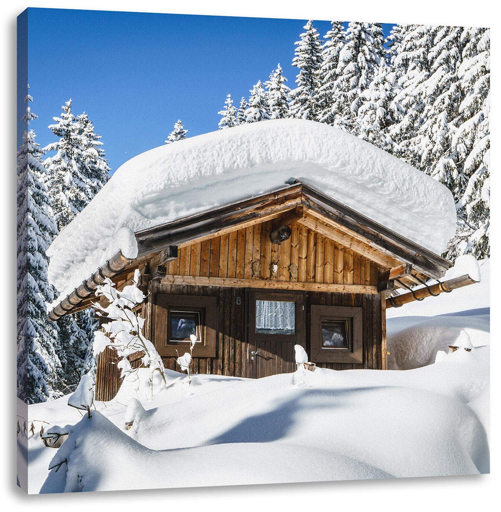 Pixxprint Canvas Picture, Snow-Covered ski hut in Alpine Forest, Size: 23.6 x 23.6 inch - Fully Assembled on a Wooden Frame