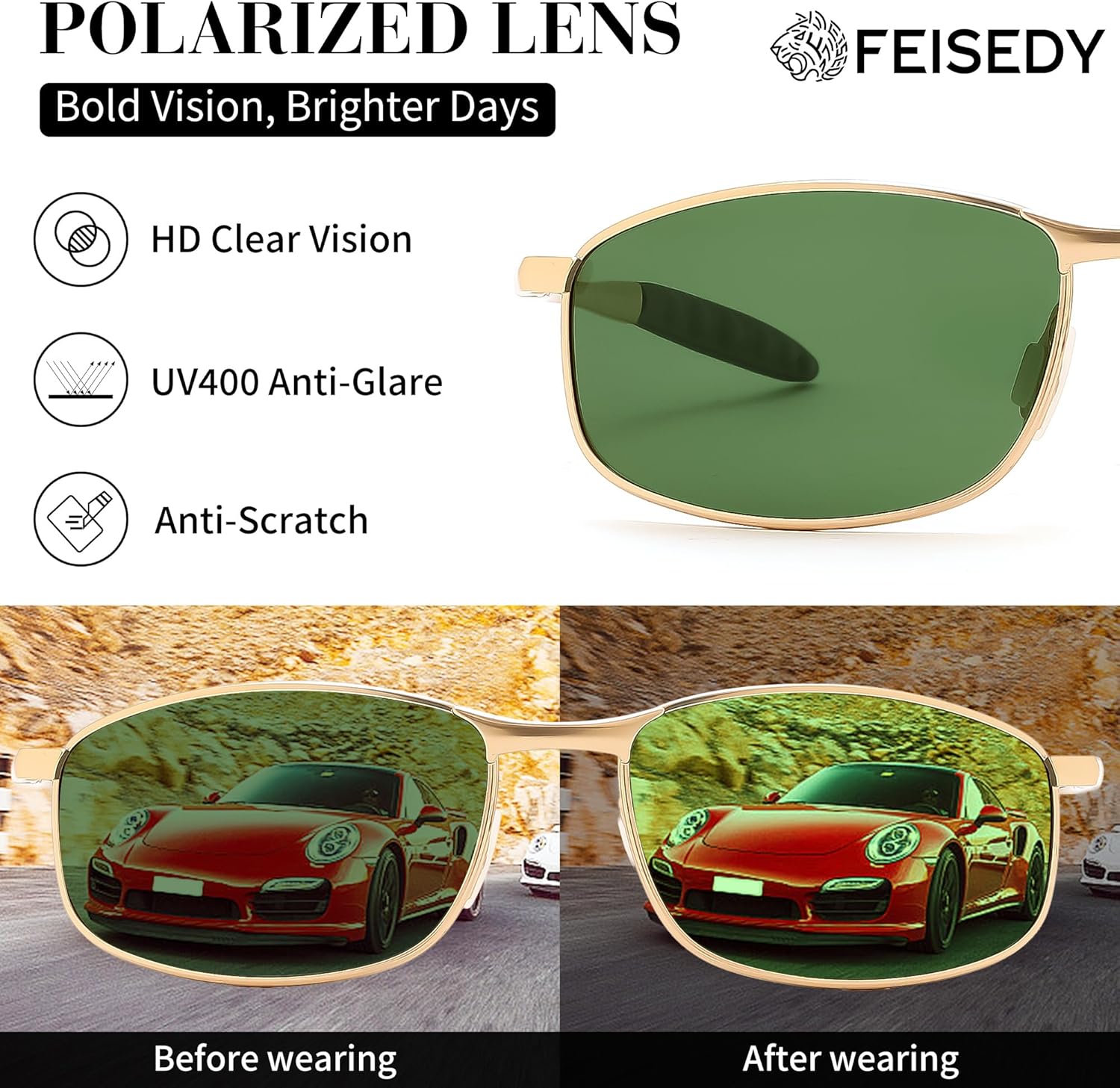 FEISEDY Trendy Polarized Sunglasses For Men Rectangle Metal Frame Retro TAC UV400 Lens Driving Fishing Outdoors Sports B0389