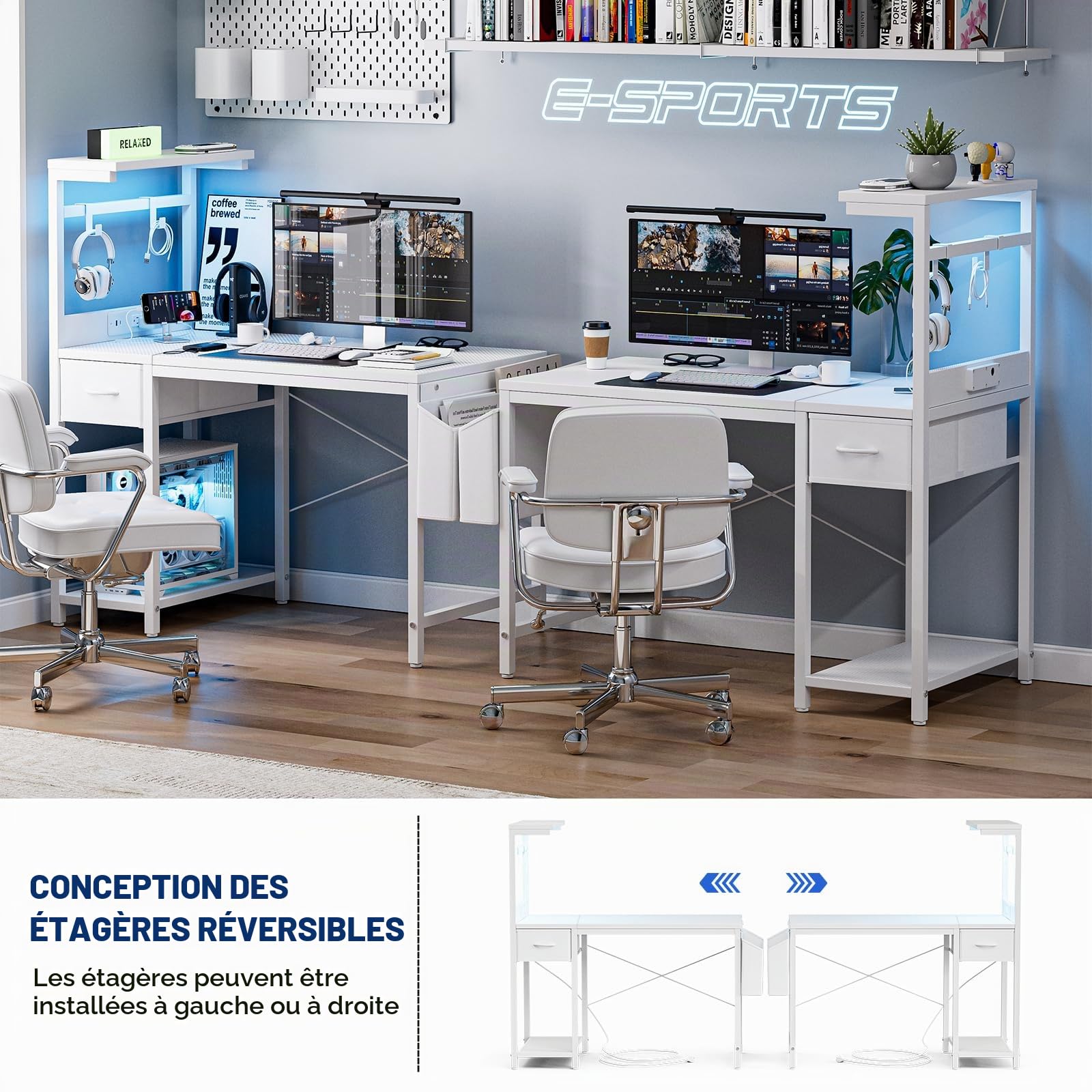 Grandder Bureau Gaming Réversible, 120x50 cm Bureau d'angle en L avec Port de Charge USB et Prise de Courant, Table Ordinateur avec Support d'écran pour Chambre Domicile Maison Blanc
