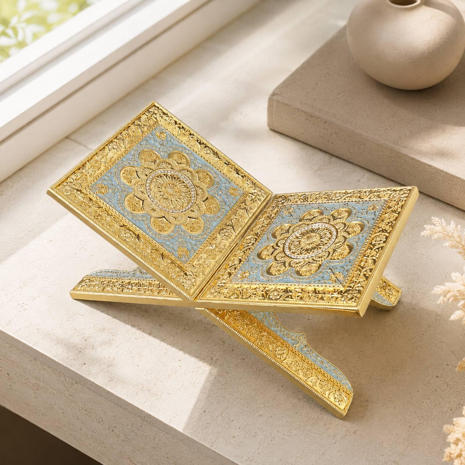 Milageto Porte-Livre Pliable Place Support Lecture Structure En X Mai Libres Repose-Livre Décoratif à Ornemen Floraux pr Bureau, Bleu