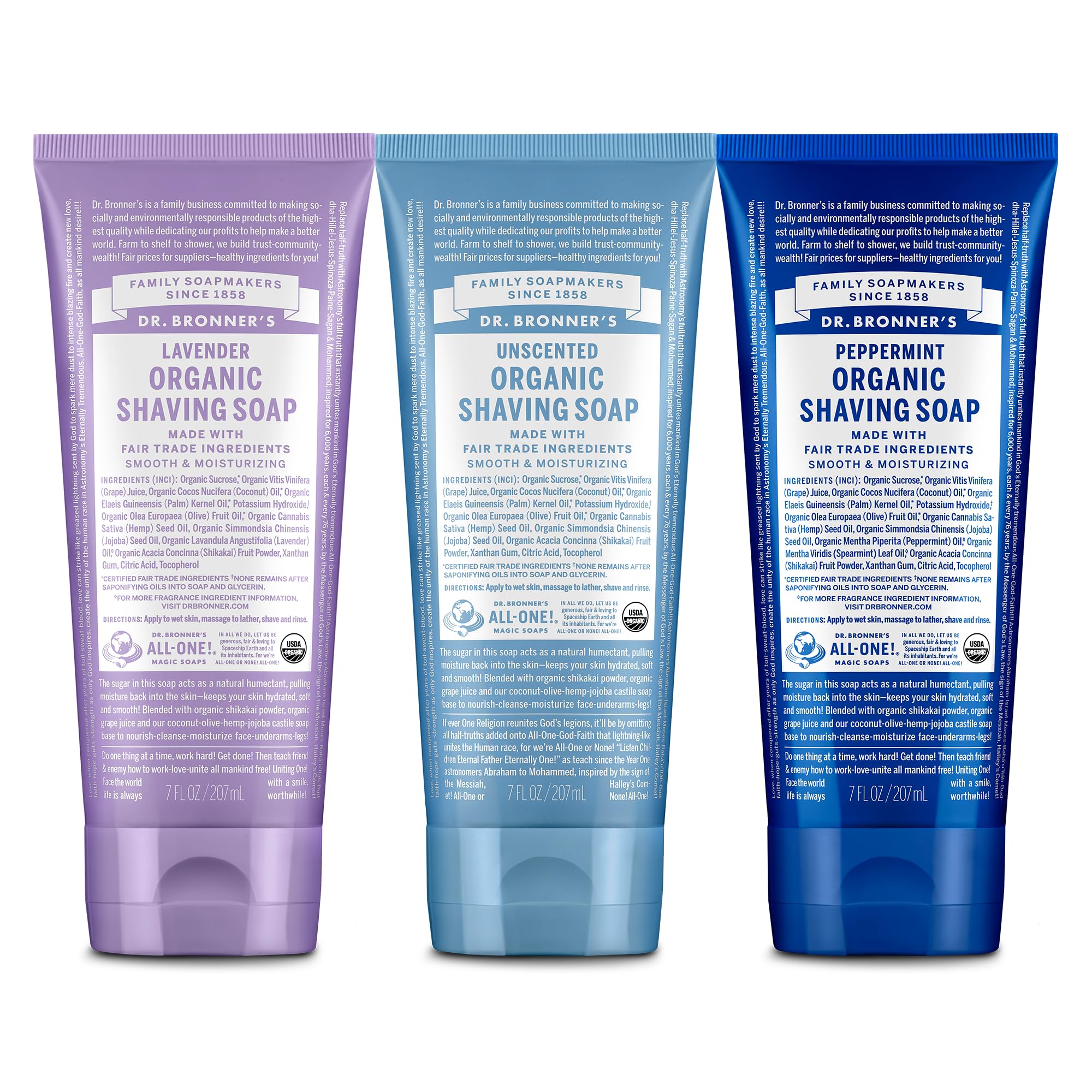 Dr. Bronner's - Organic Shaving Soap (7 oz, 3-Pack, Variety Pack) Lavender, Baby Unscented, & Peppermint - Certified Organic, Sugar & Shikakai Powder, Moisturizes, Use on Face, Underarms, & Legs