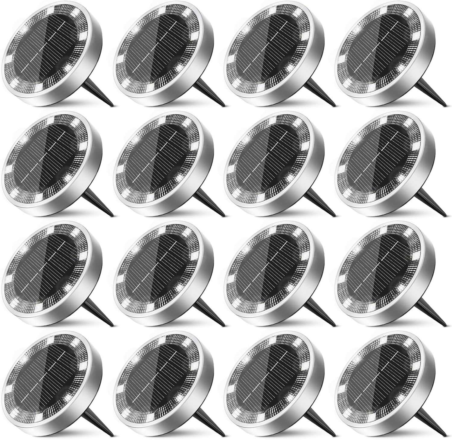16 Pack Solar Ground Lights Outdoor, 8 LED Mini Flat Solar Disk Lights, IP65 Waterproof Anti-Rust Disc Light, Landscape Lighting for Garden Pathway Yard Walkway Driveway Lawn,Cool White