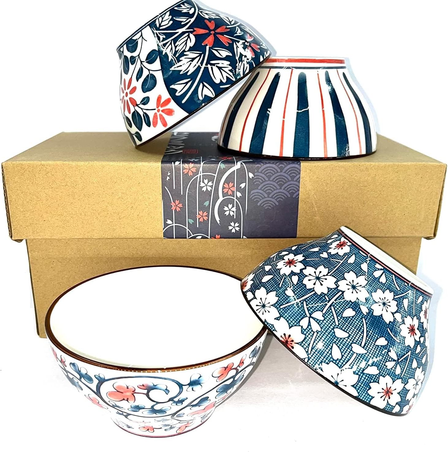 Japanese Style Ceramic Bowl Set | 5-Inch Deep Floral Porcelain Bowls in Gift Box 4 | & | 6-Pcs Serving Rectangular Platters Tableware,Minimalist Modern Design,Food for A 5