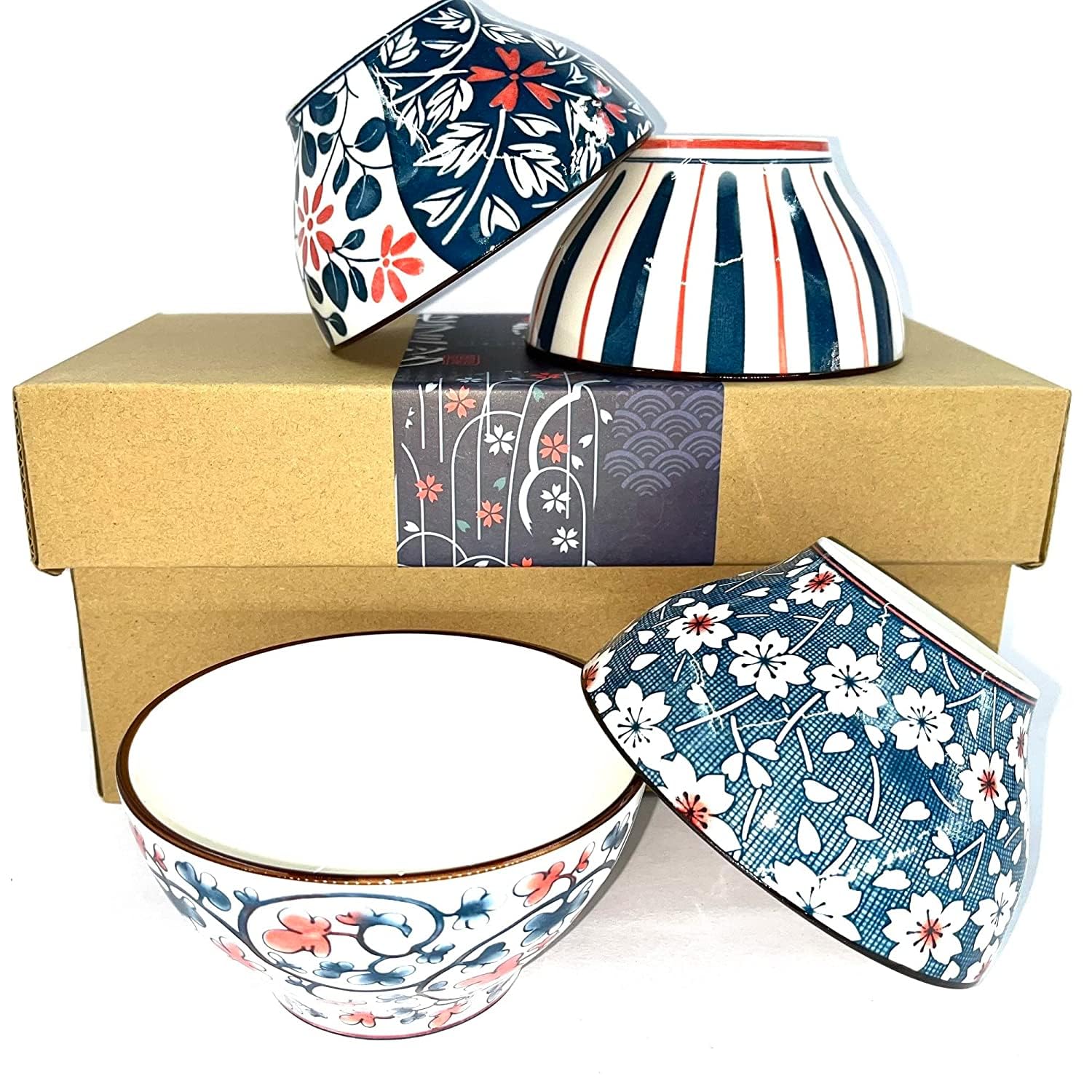 Japanese Style Ceramic Bowl Set | 5-Inch Deep Floral Porcelain Bowls in Gift Box 4 | & | 6-Pcs Serving Rectangular Platters Tableware,Minimalist Modern Design,Food for A 5