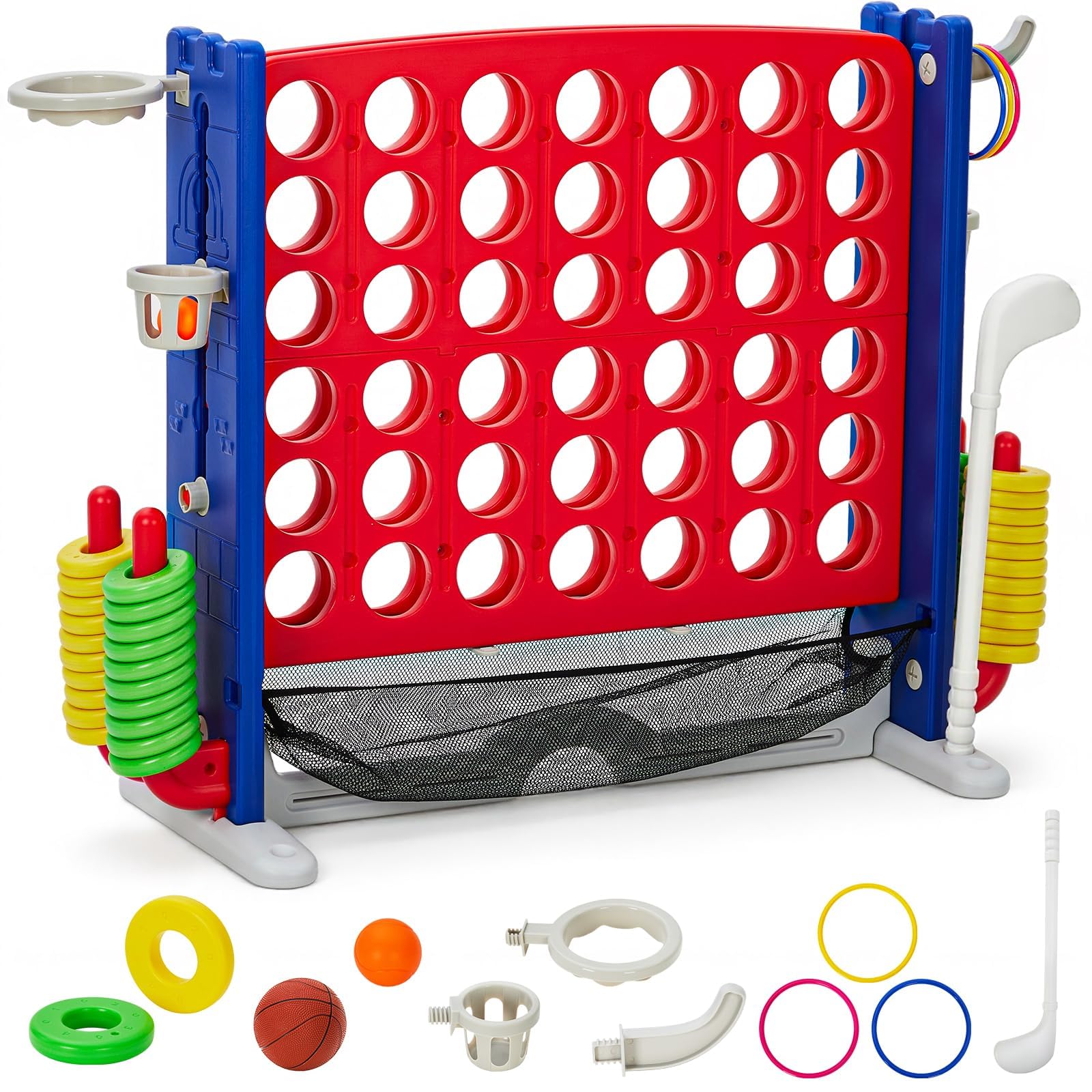 AffinityFurn Giant 4 in a Row Game, Jumbo Connect 4 Garden Games with 42 Rings, Basketball Hoop, Ring Game & Quick-Release Slider, Adjustable Height(36-48 in)