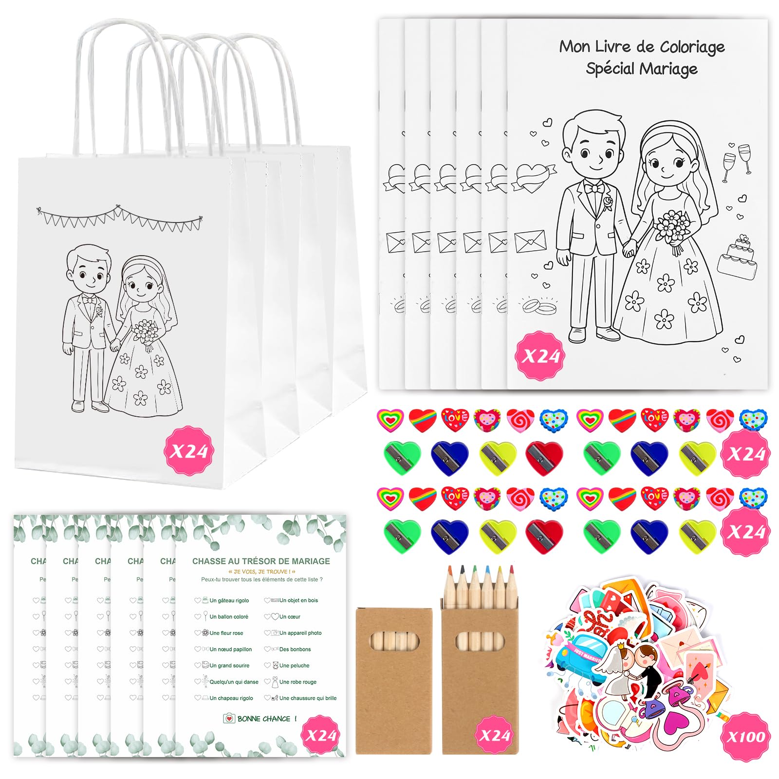 24-teiliges Geschenkset für Hochzeit und Kinder, 244 Teile, Herausforderungsbücher, Fotos, Hochzeit, Kinder, mit Buntstiften, selbstklebend und Geschenktüten für ruhige und verspielte Aktivitäten für
