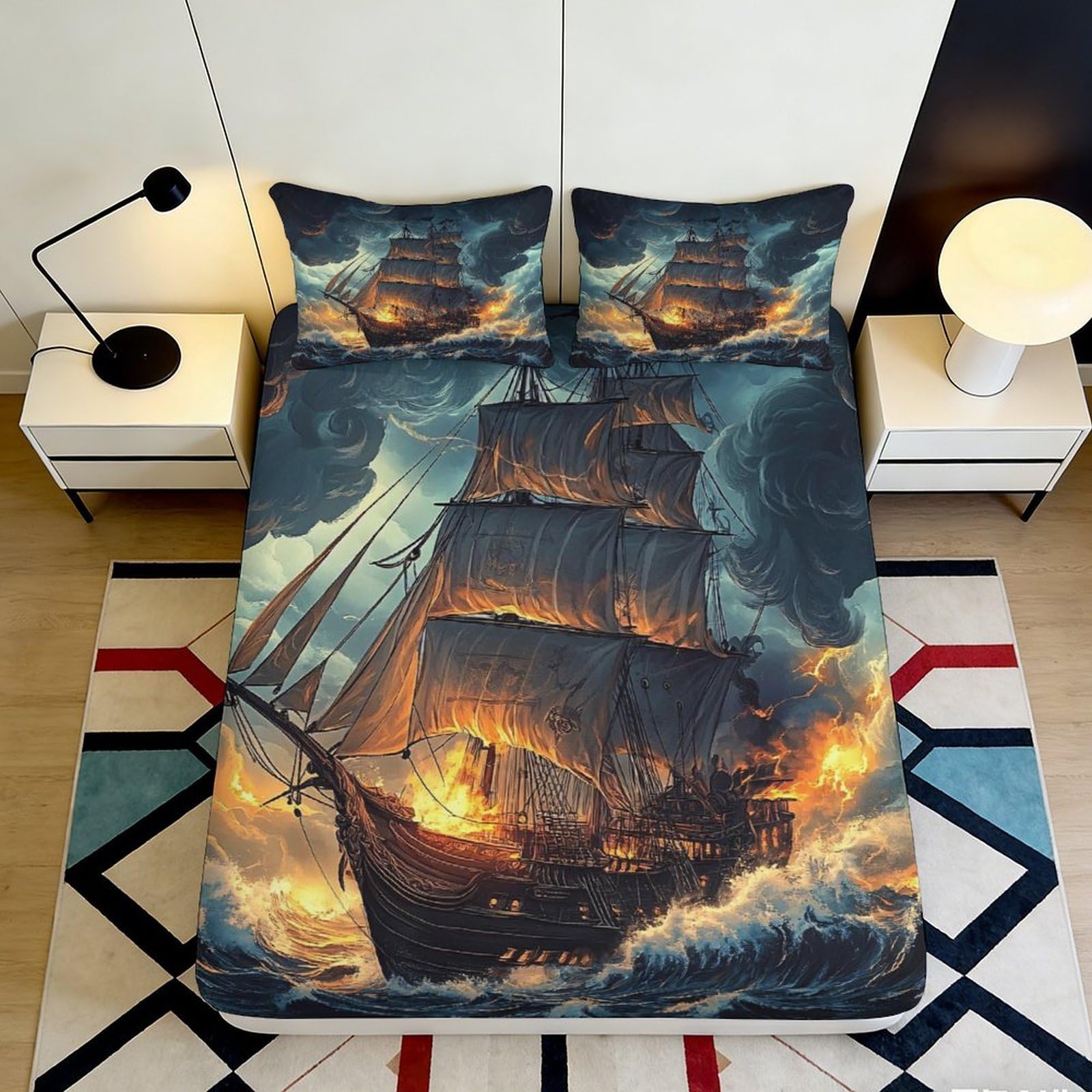 3D Printed Burning Pirate Ship Fitted Sheet Microfiber Mattress Cover for Bedroom Dorm Flame Ocean Design Decor 160x200x25cm