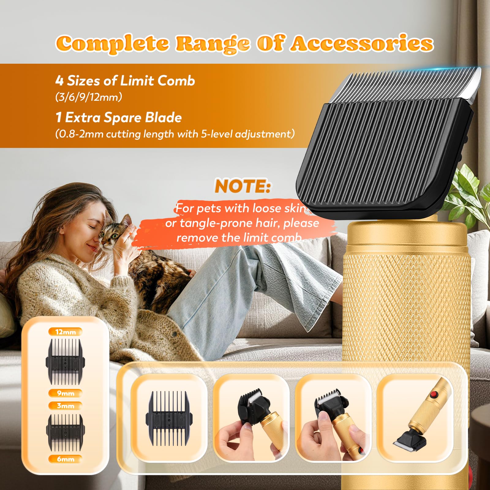 Moongiantgo Tondeuse pour Chien Professionnelle 300W, Vitesse Réglable 2000-6000RPM, Lames Céramique Amovibles, Tondeuse Animaux avec 1 Lame Supplémentaire & 2 Peignes (Doré)