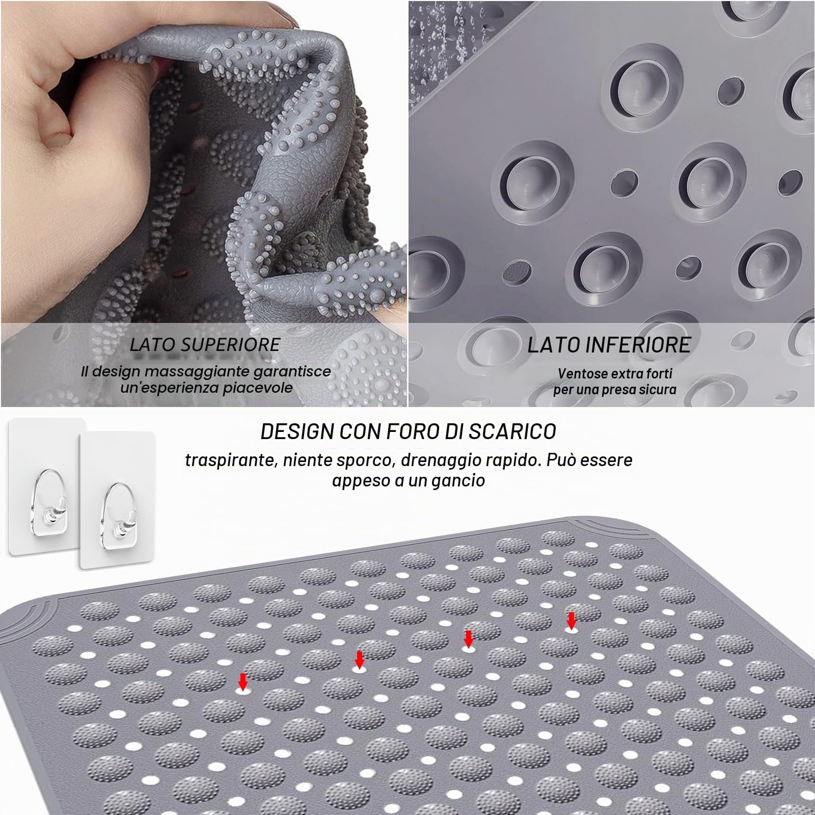 Tappetino Doccia, 60 x 90 cm Tappeto Doccia Quadrato Lavabile in Lavatrice con Ventosa, Tappeto Doccia in PVC Antiscivolo, Tappeto Massaggiante Antiscivolo per Doccia, incl. 2 Ganci, Grigio