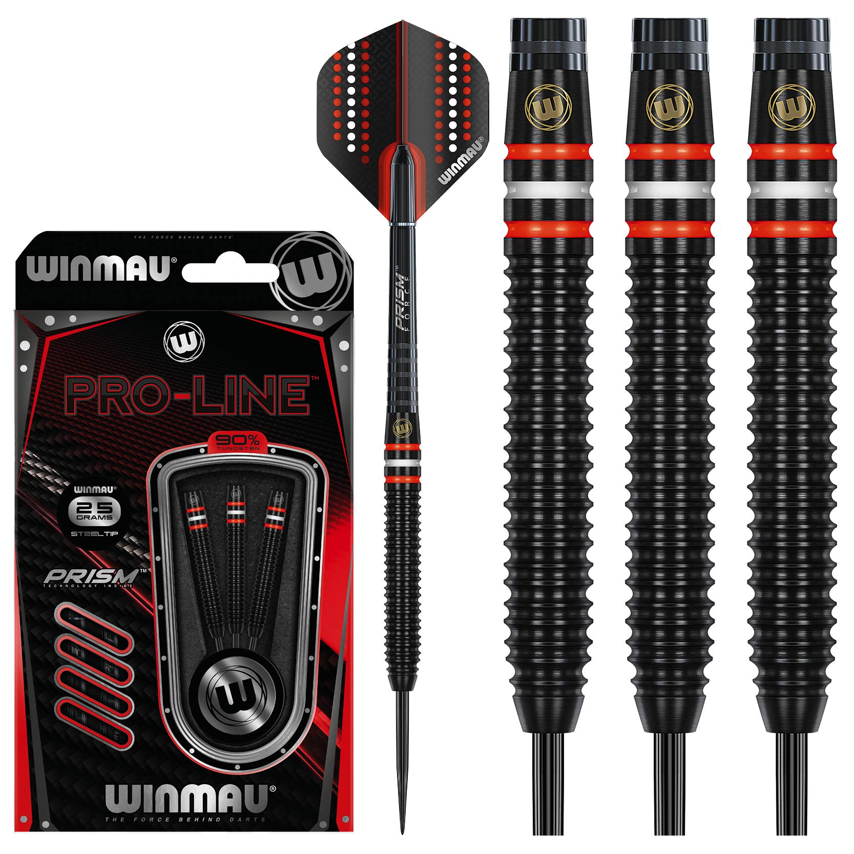 WINMAU Pro-Line Tungsten Steeltip Dart Set 25 gram with Prism Alpha Flights and Prism Force Shafts (Stems)