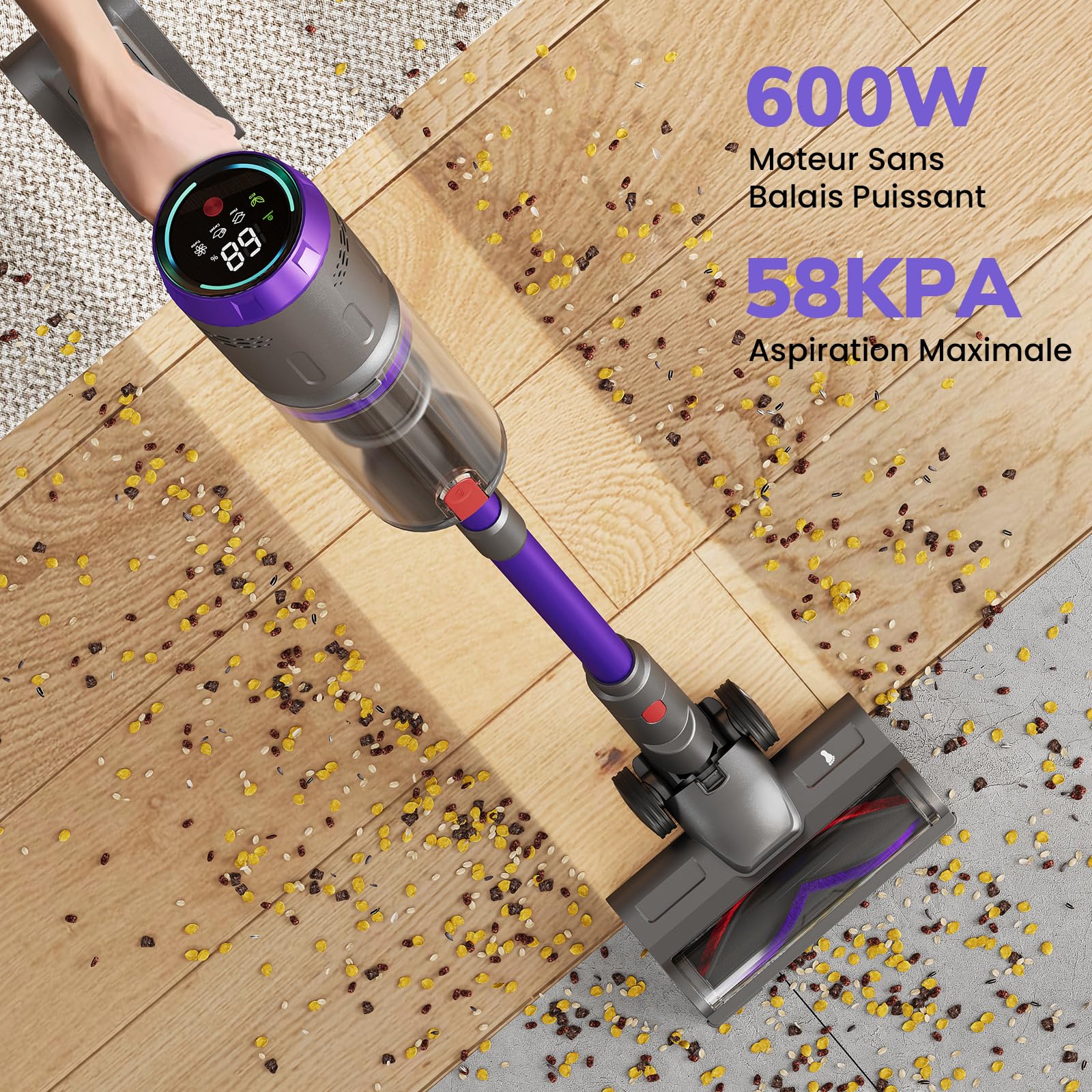 Aspirateur Balai sans Fil 600W/58000Pa/75min, Aspirateur sans Fil Puissant avec Écran LED Intelligent, Brosse Anti-emmêlement, Station de Charge, pour Tapis, Sols Durs, Poils d'animaux