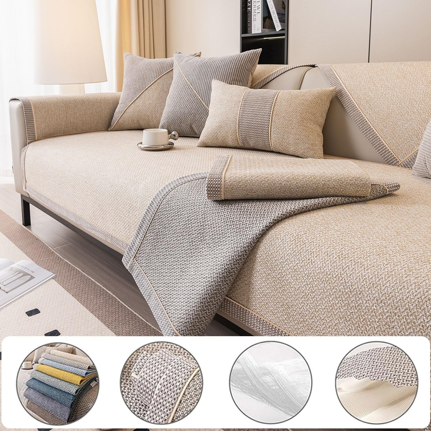 Sofa Covers 1 2 3 4 Seater Super Soft Stylish Couch Cover for Dogs Pets Cats JCotton and Linen Non Slip Slipcover for Living Room Furniture Protector(Beige,110 * 210cm)