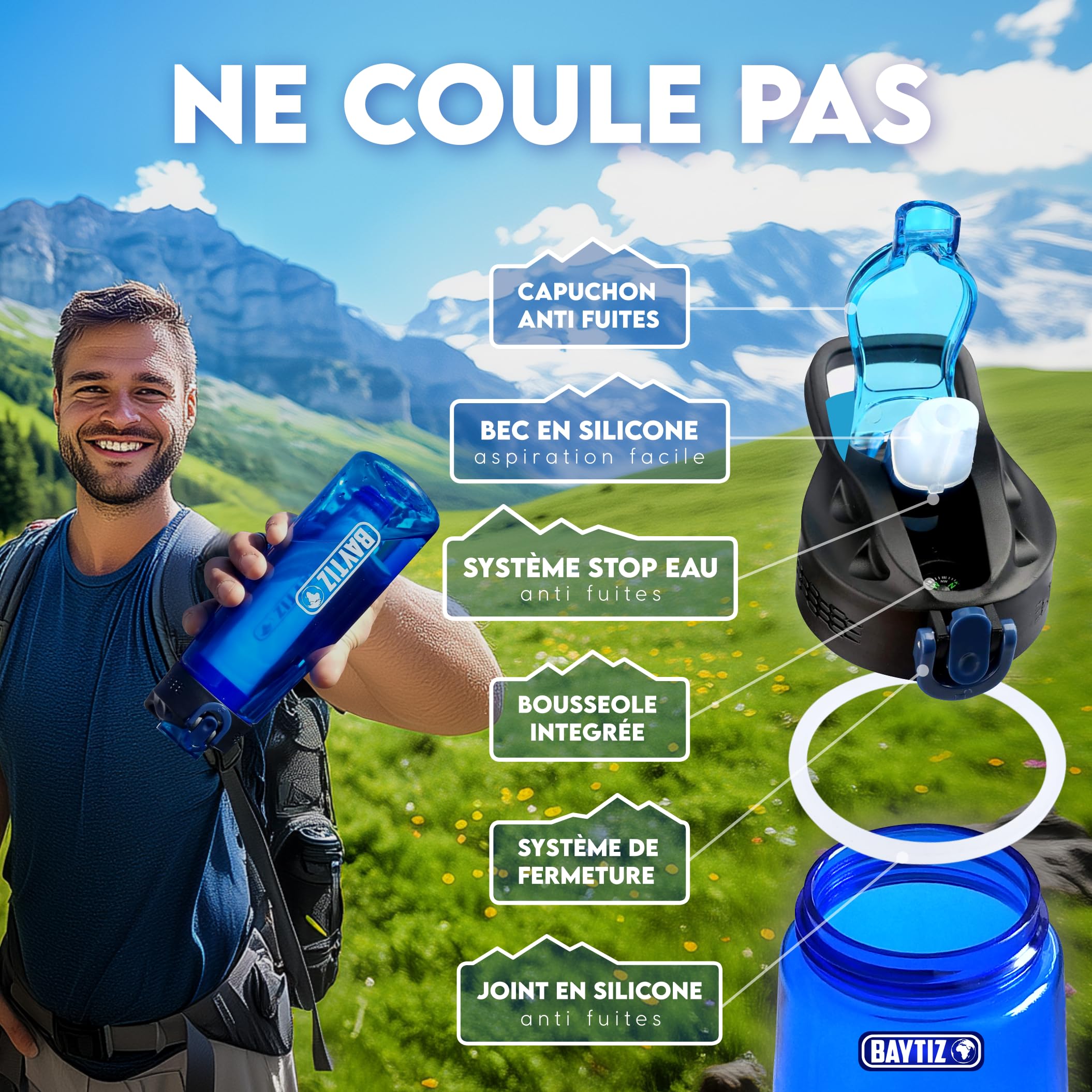 BAYTIZ ® Gourde Filtrante + Paille de Survie au Charbon Actif - Bouteille Filtre à Eau Nomade : Voyage Randonnée Trek Camping Kit Purificateur Réutilisable Plastique Sac Pluie Catastrophe