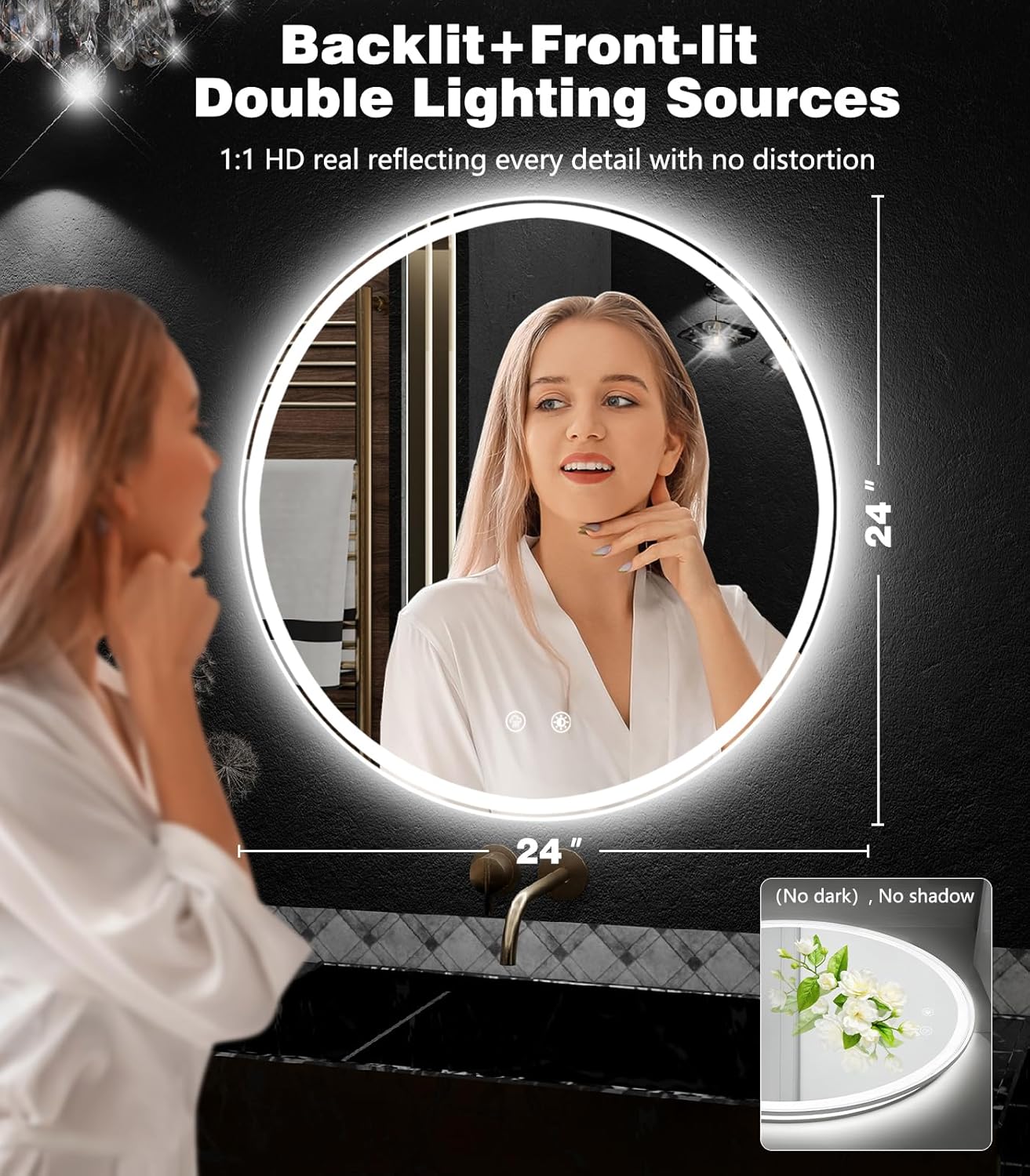 24 inch led bathroom mirror: round vanity mirror with lights, dimmable & 3 color change, backlit&front lit,4mm tempered glass, shatterproof, anti-fog bathroom shower mirror, espejos para baños con luz 24"l x 24"w