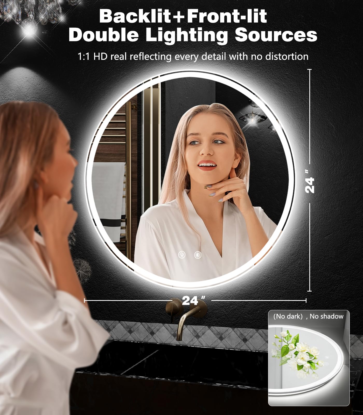 24 Inch LED Bathroom Mirror Round Vanity Mirror with Lights Dimmable 3 Color Change Backlit Front Lit 4MM — view 2