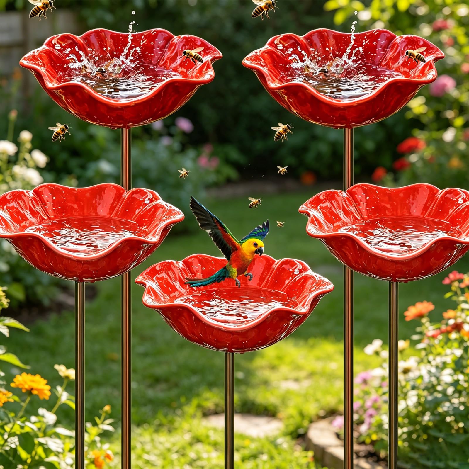 Vogeltränke Stehend,5 Stück Wassertränke für Vögel,Vogelbad Garten,Handgefertigt Blumenform Vogeltränke,Insektentränke Garten,Bienentränke Metall,für Wildvögel Frostfest,Garten,Hinterhof