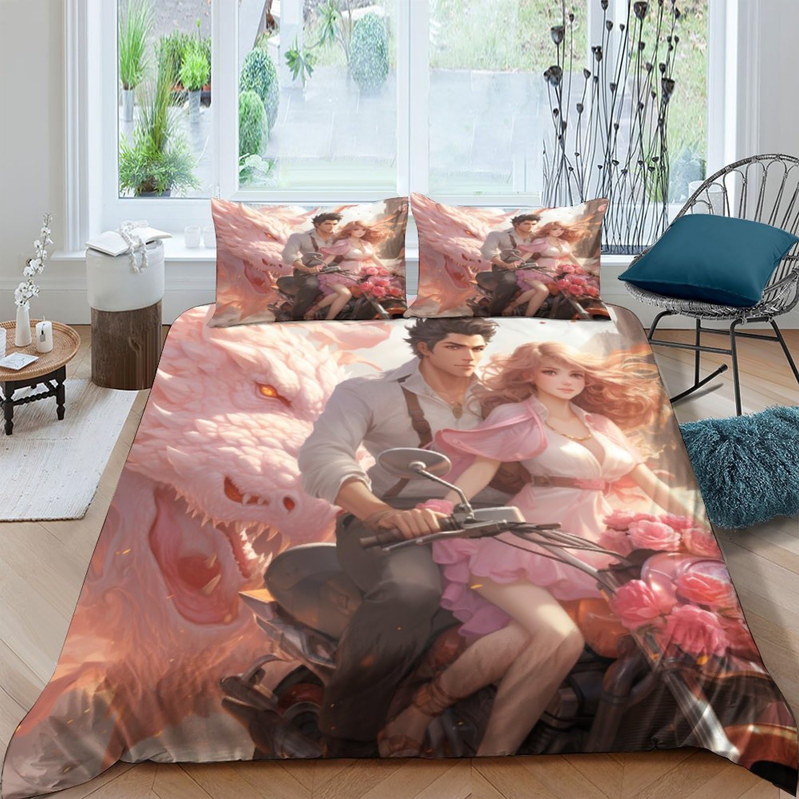 Parure de lit pour enfants IOFEER rose avec housse de couette imprimée 3D et 2 taies d'oreiller 200x200cm