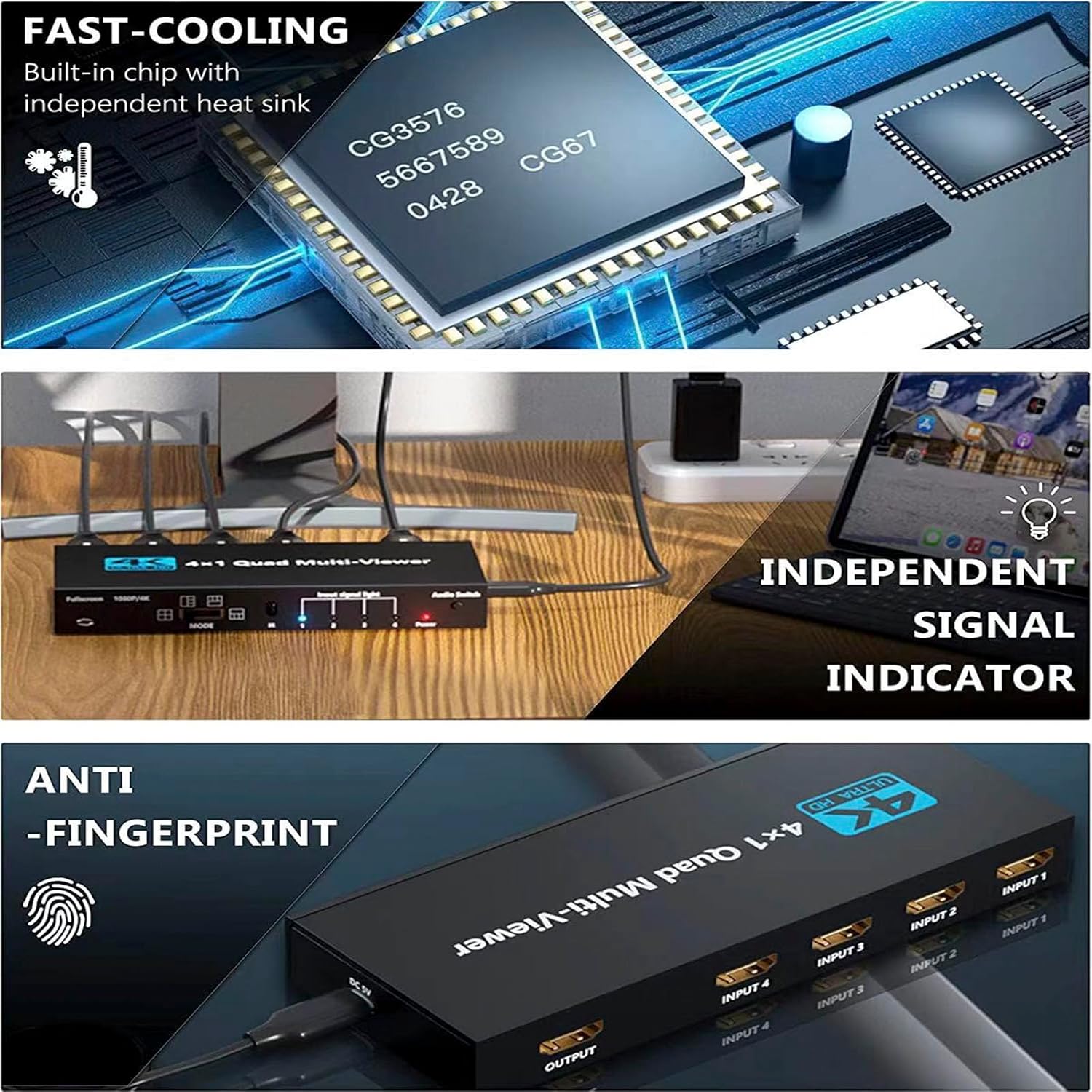 4K HDMI Multiviewer 4X1 with IR Remote SIGRAPID Screen Divider 4 HDMI in 1 Out Seamless Switch 1 4 Way Display Supports 4K@60Hz(YUV)/4K@30Hz(RGB)/1080P Full HD HDCP1.4 5 View Modes 1×1 2×2 1＋3 etc.