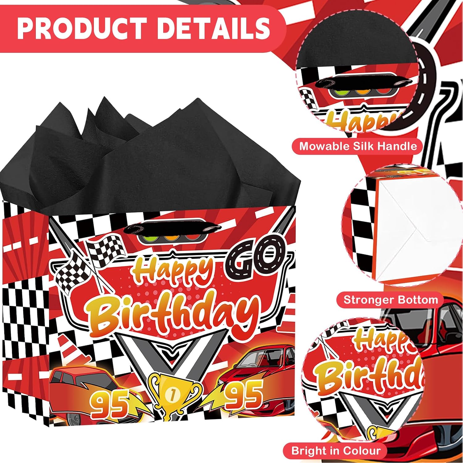 LOYUJI Black and Red Race Car Birthday Gift Bag, Large Cars Gift Bag with Card and Tissue Paper, Racing Theme Birthday Party Decorations for Boys, Girls, Baby Shower, Race Theme Party Supplies image 2