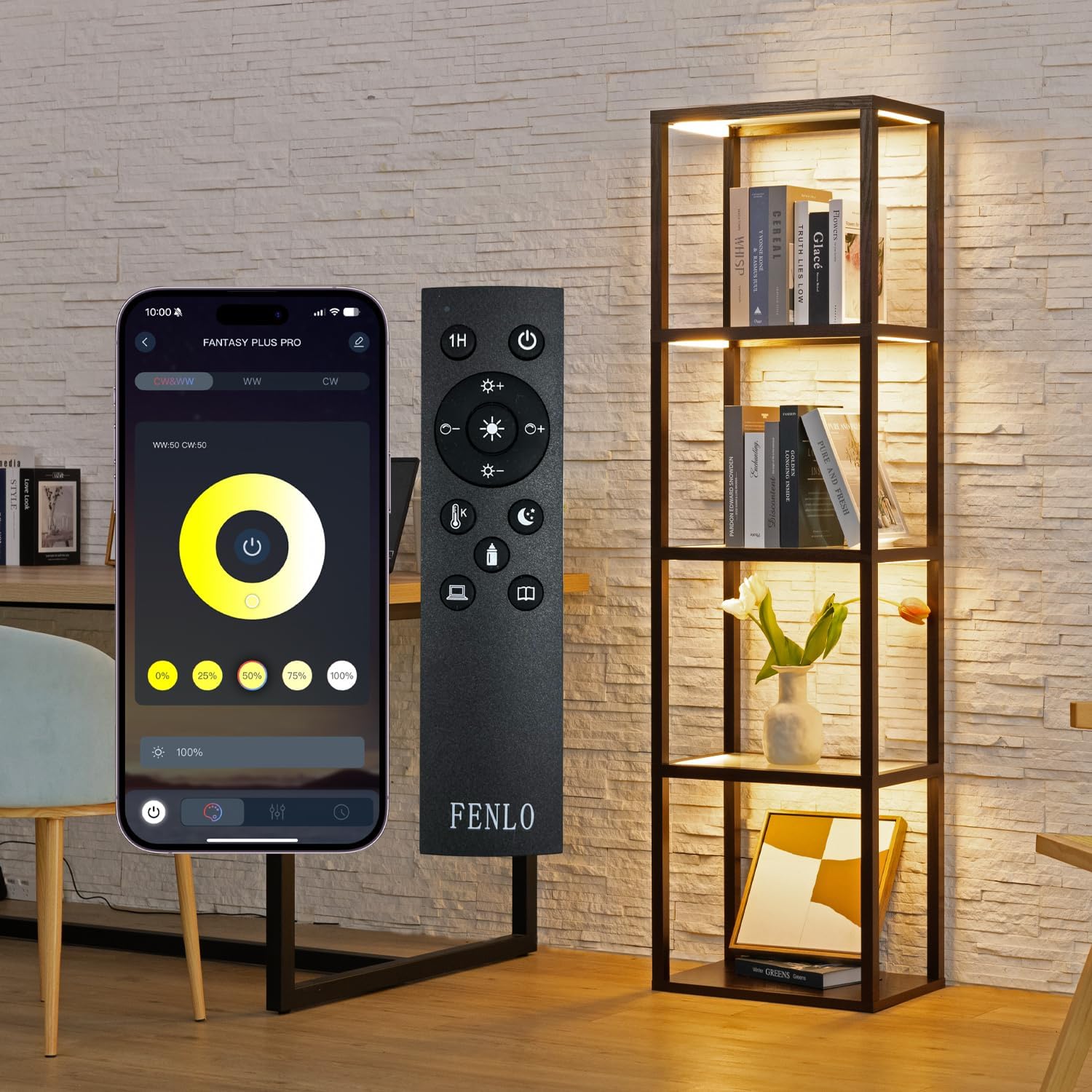 FENLO Fantasy Plus 66" Luxury Display Shelf with Dimmable LED Floor Lamps, Sturdy Curio Cabinet with Glass Bookcase Display Case, Shelves for Bedroom, Open Bookshelf, Brown