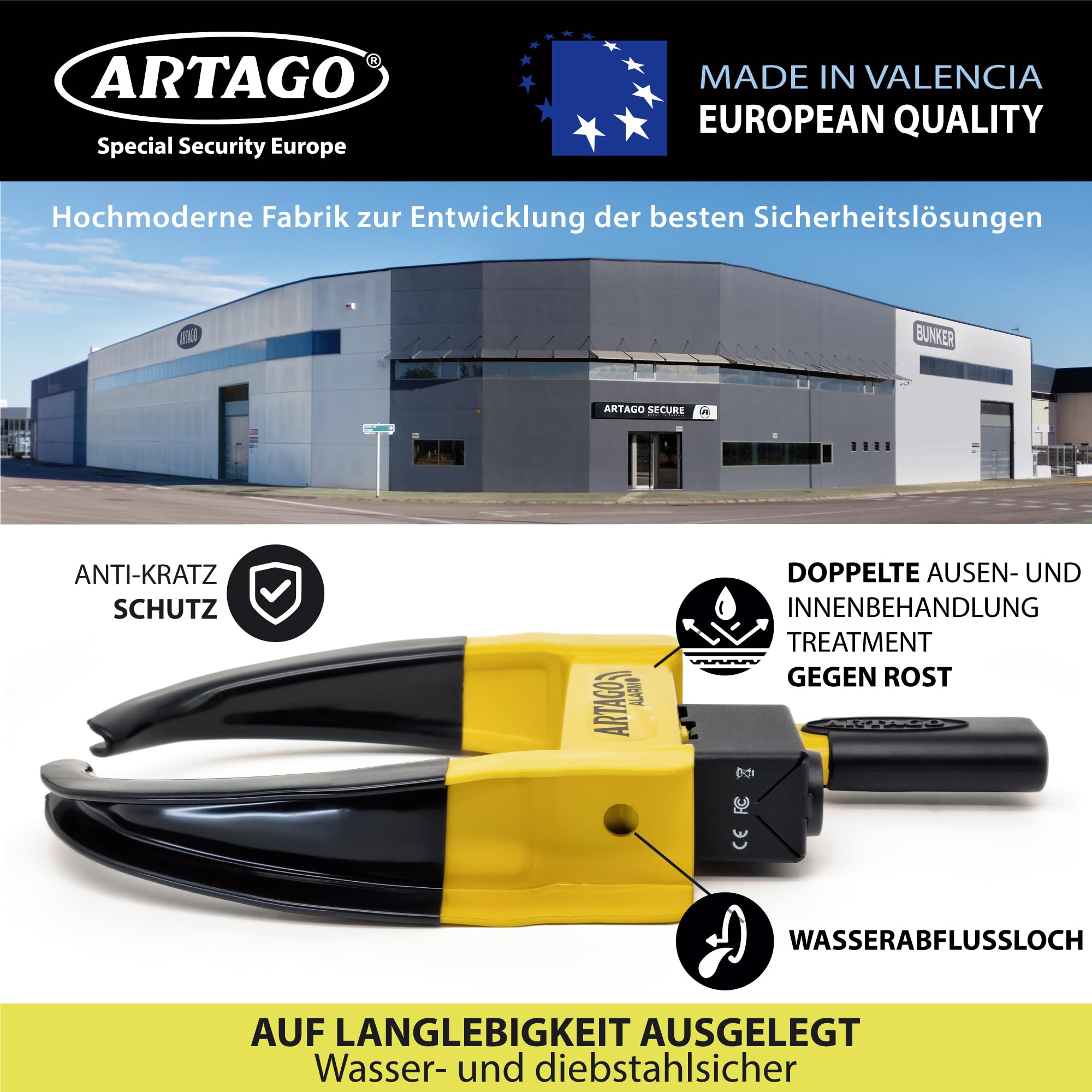 ARTAGO ART872 Hochwertige Radkralle 2in1 Ohne/Mit Alarm 120dB+LED, Die Sicherste Parkkralle, Patentiert, Rostgeschützt, Wegfahrsperre Reifenkralle für Auto Wohnmobil Wohnwagen Anhänger