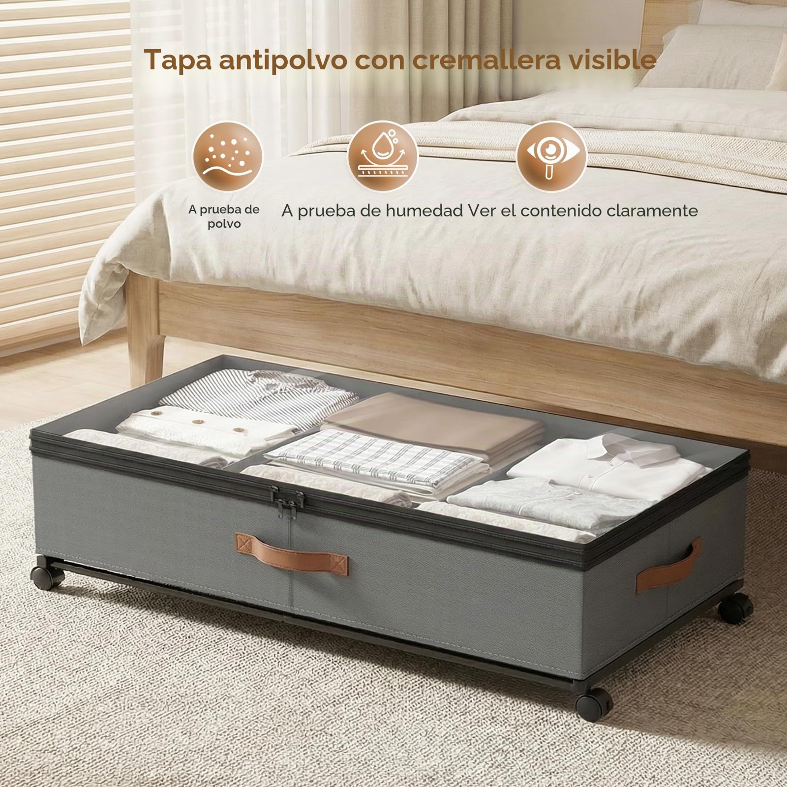 2 unidades de almacenamiento para debajo de la cama de 72 L, con ruedas de rotación de 360°, con tapa de PVC, marco de metal, para ropa, zapatos y mantas