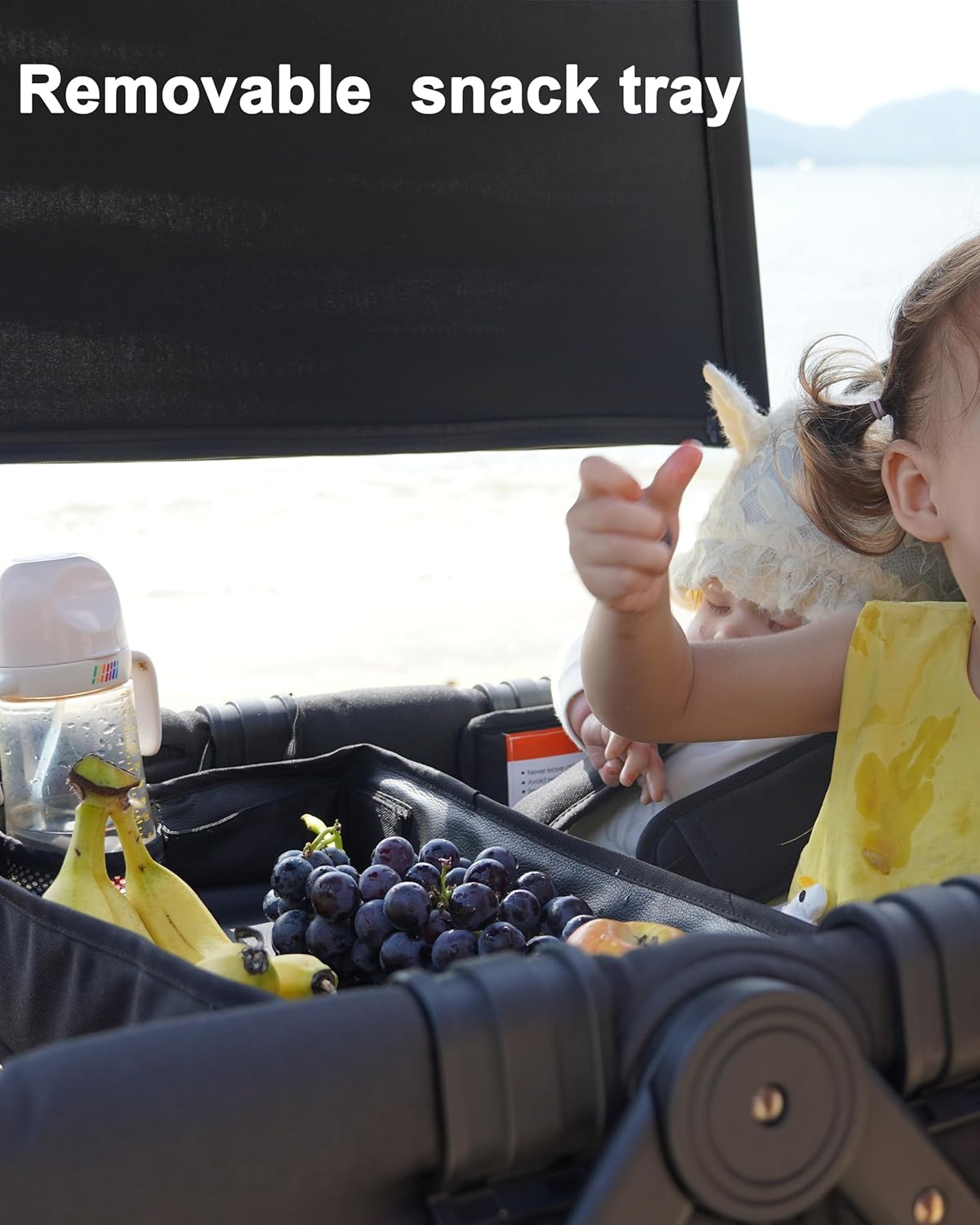 Foldable Wagon Stroller for 4 Kids, All-Terrain Wagon with 5-Point Harness, Canopy,high Seats Insulated Snack Pack, Adjustable Handle, Parent Organizer for Outdoor Use (Black)