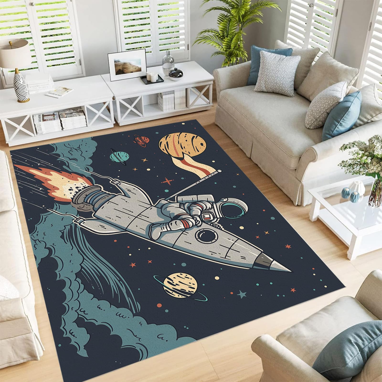 Tapis fusée astronaute 120x180cm en peluche douce pour chambre d'enfant et salon moderne