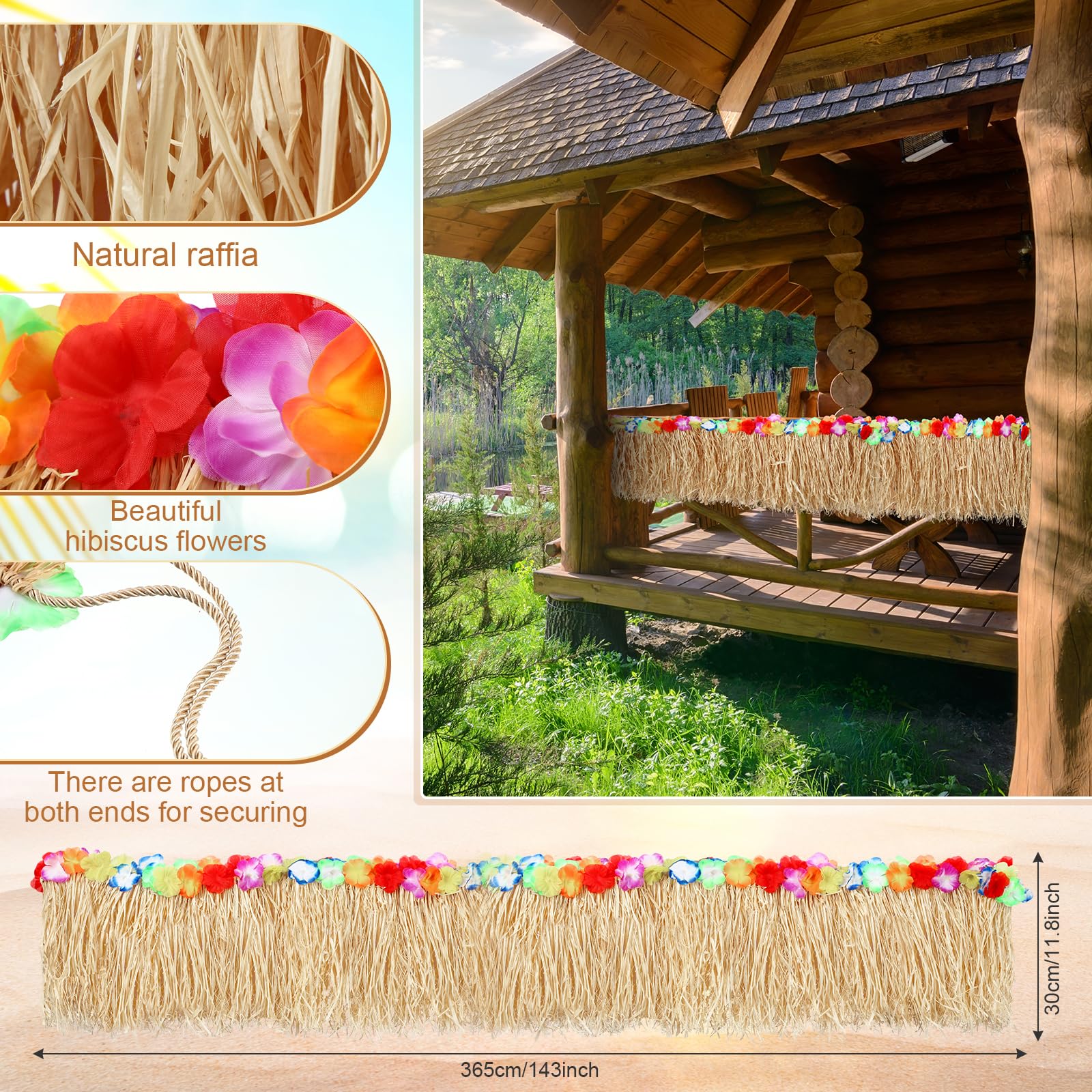 Lyrow Natural Hawaiian Luau Grass Raffia Fringe Banner 143 x 11.8 Inch Hawaiian Grass Table Skirt Tiki Bar Decoration for Tropical Deck Skirting Tent Chair Summer Birthday Party