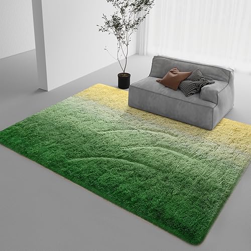 Miniatura 3 de DweIke Alfombras mullidas de lujo para niños para sala de estar, dormitorio, alfombra grande de 6 x 9 pies, alfombra de área verde y amarilla para