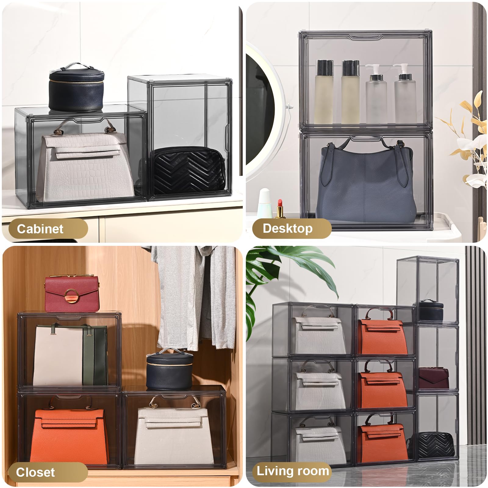 Organizer per borse per armadio, in acrilico grigio trasparente, impilabile, con porta magnetica, per portafoglio, libri, cosmetici, giocattoli (4)