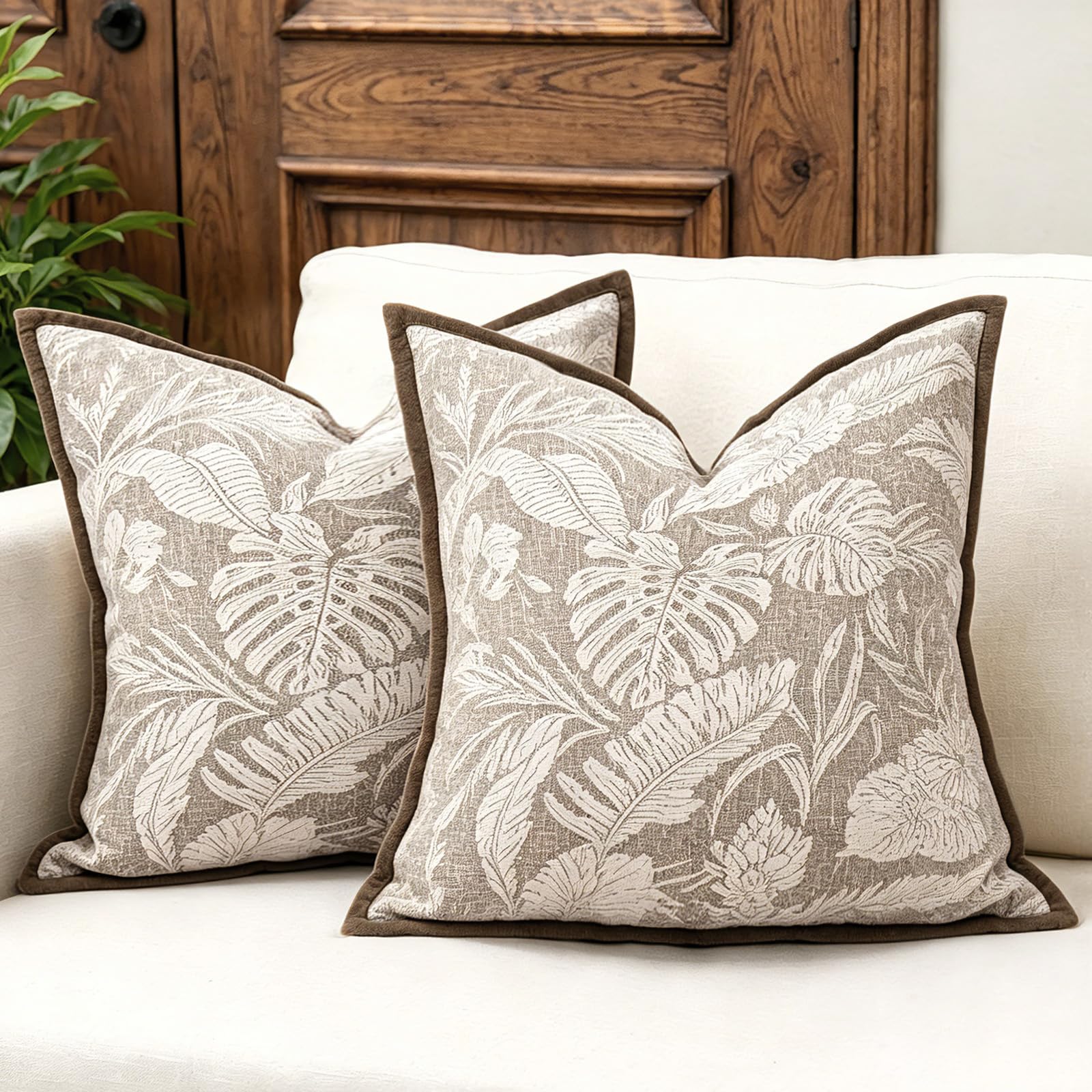 Joymaison 45x45 Pack of 2 Brown Palm Leaves Throw Pillow Cushion Covers