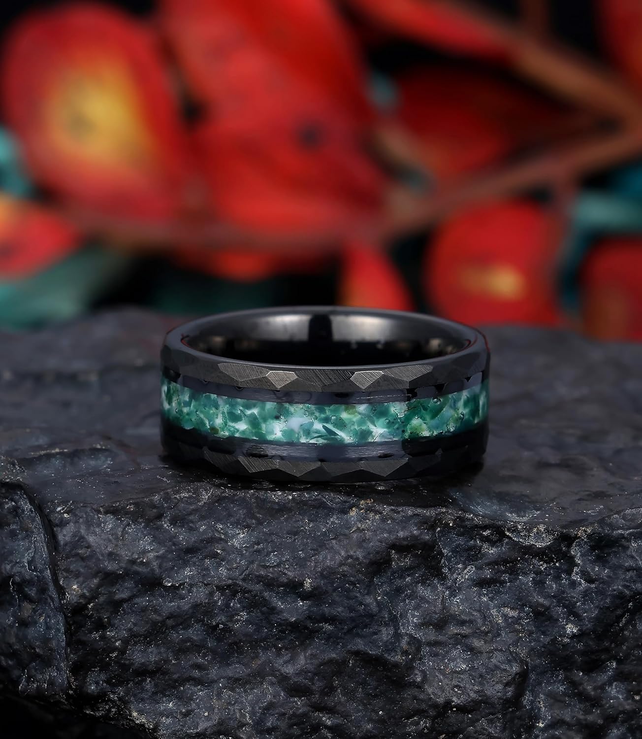 Hammered 8mm Black Gold Plated Tungsten Mens Wedding Bands Ring with Amethyst/Moss Agate/Emerald/Citrine/Aquamarine Option, Gothic Birthstone Tungsten Carbide Unique Daily Wear Promise Rings for Him Size 7-14 - Image 4