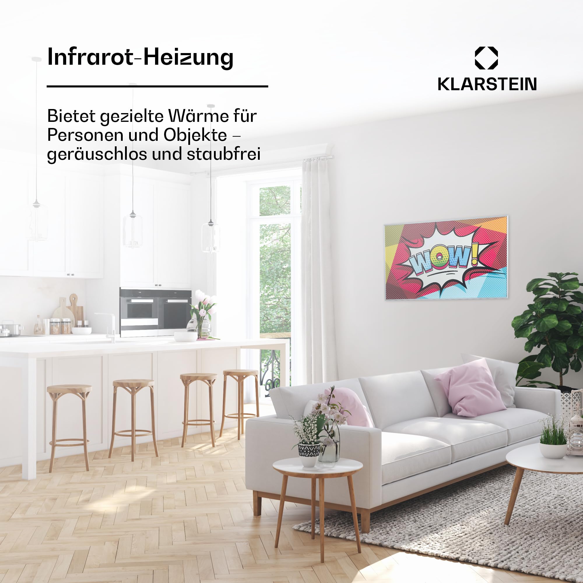 Klarstein Infrarotheizung mit Thermostat, 600W Elektroheizung, Bild-Infrarotheizung zur Wandmontage, IR mit Fernbedienung, Erkennung Offener Fenster, Feuchtraum Heizkörper, Elektro Wand Heizung
