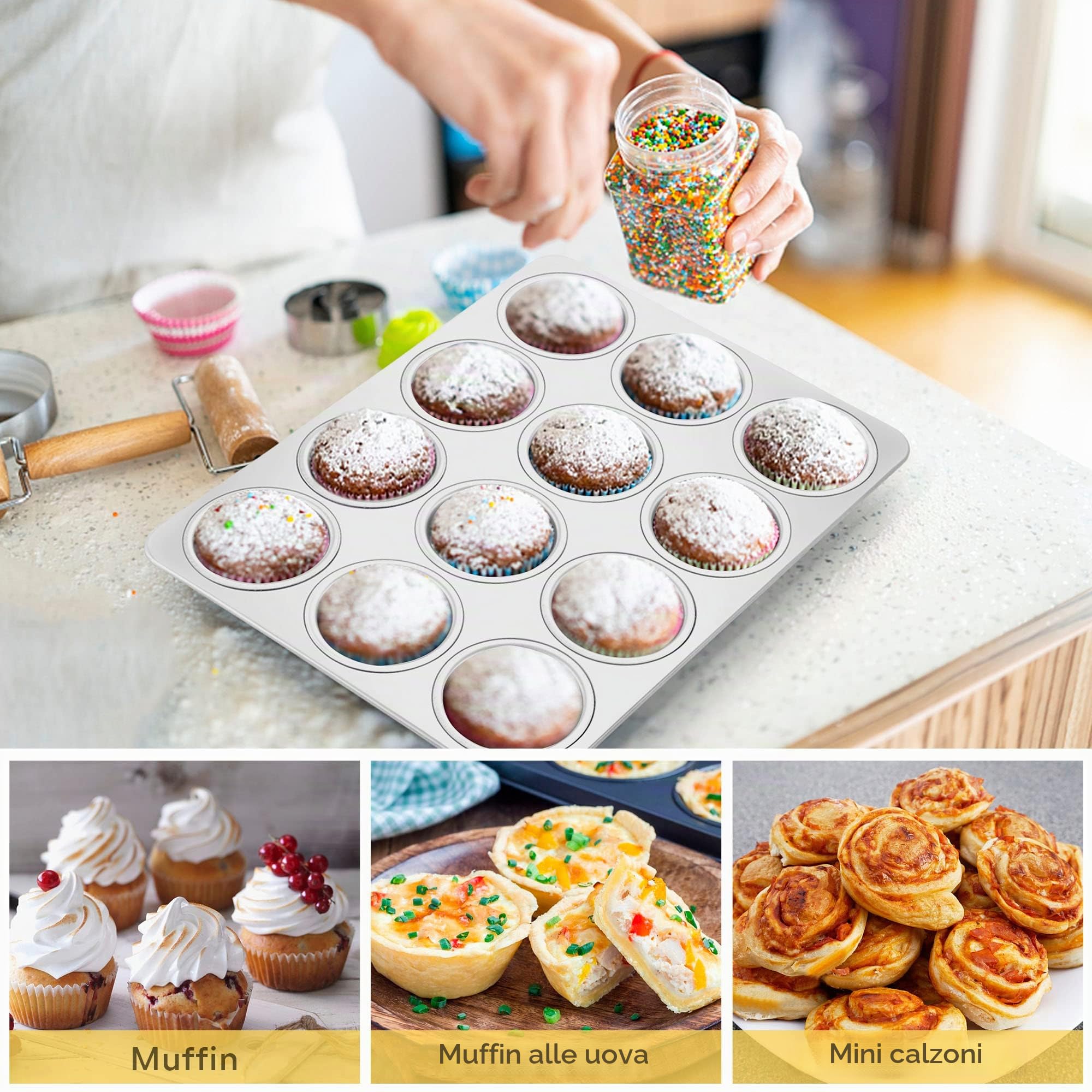Joyfair Stampo per muffin, in acciaio inox, per 12 muffin, utilizzabile in forno e lavastoviglie