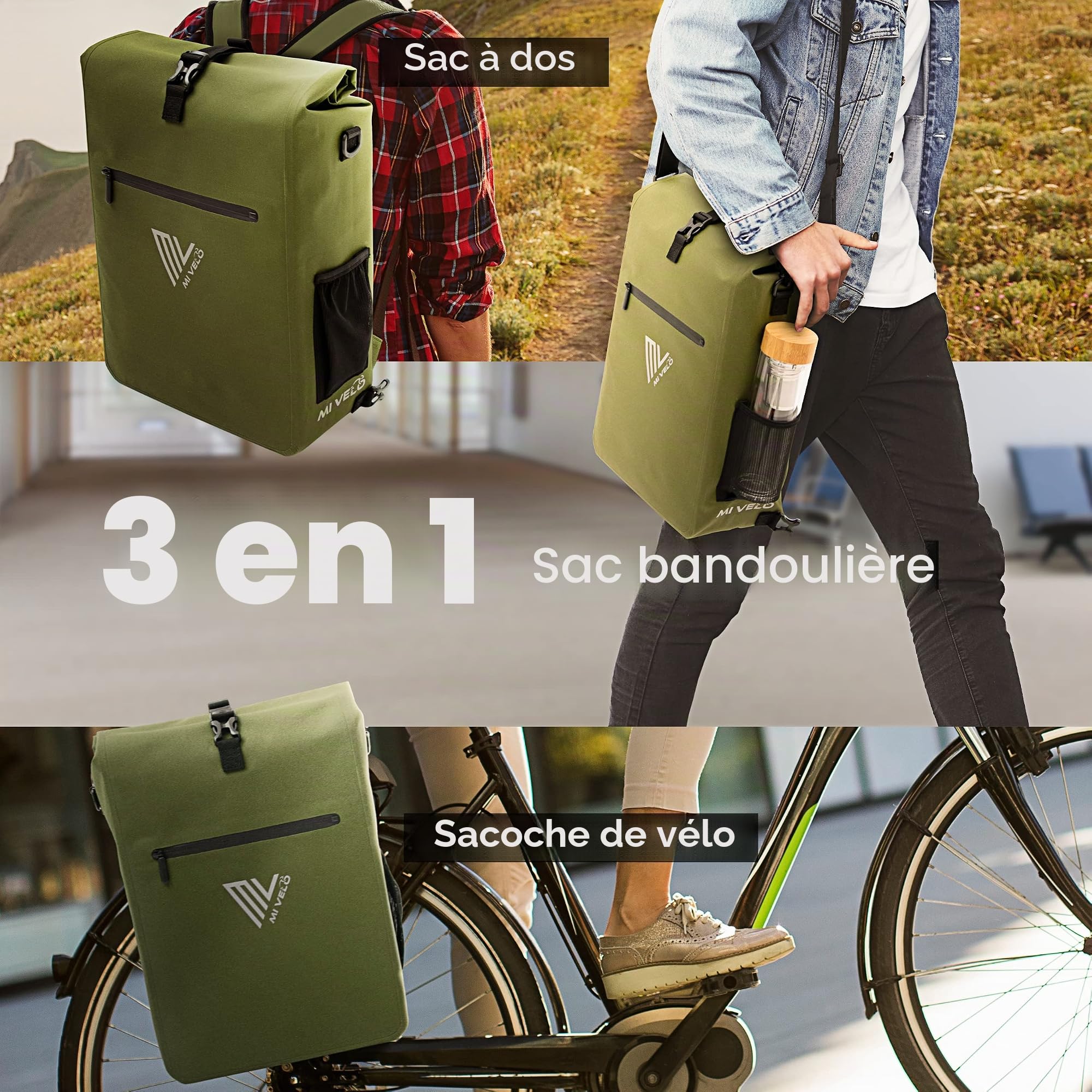 MIVELO Sacoche de vélo 3 en 1 pour Porte-Bagages, Sac à Dos, Sac à bandoulière, 100% étanche et sans PVC, avec Poche Amovible pour Ordinateur Portable, Vert Olive