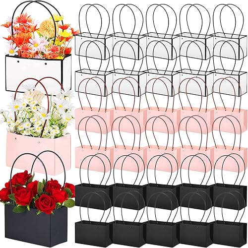 Geelin 30 bolsas de regalo de flores, bolsas de papel para ramos de papel, caja de flores rectangular para arreglos, caja de ramo impermeable con