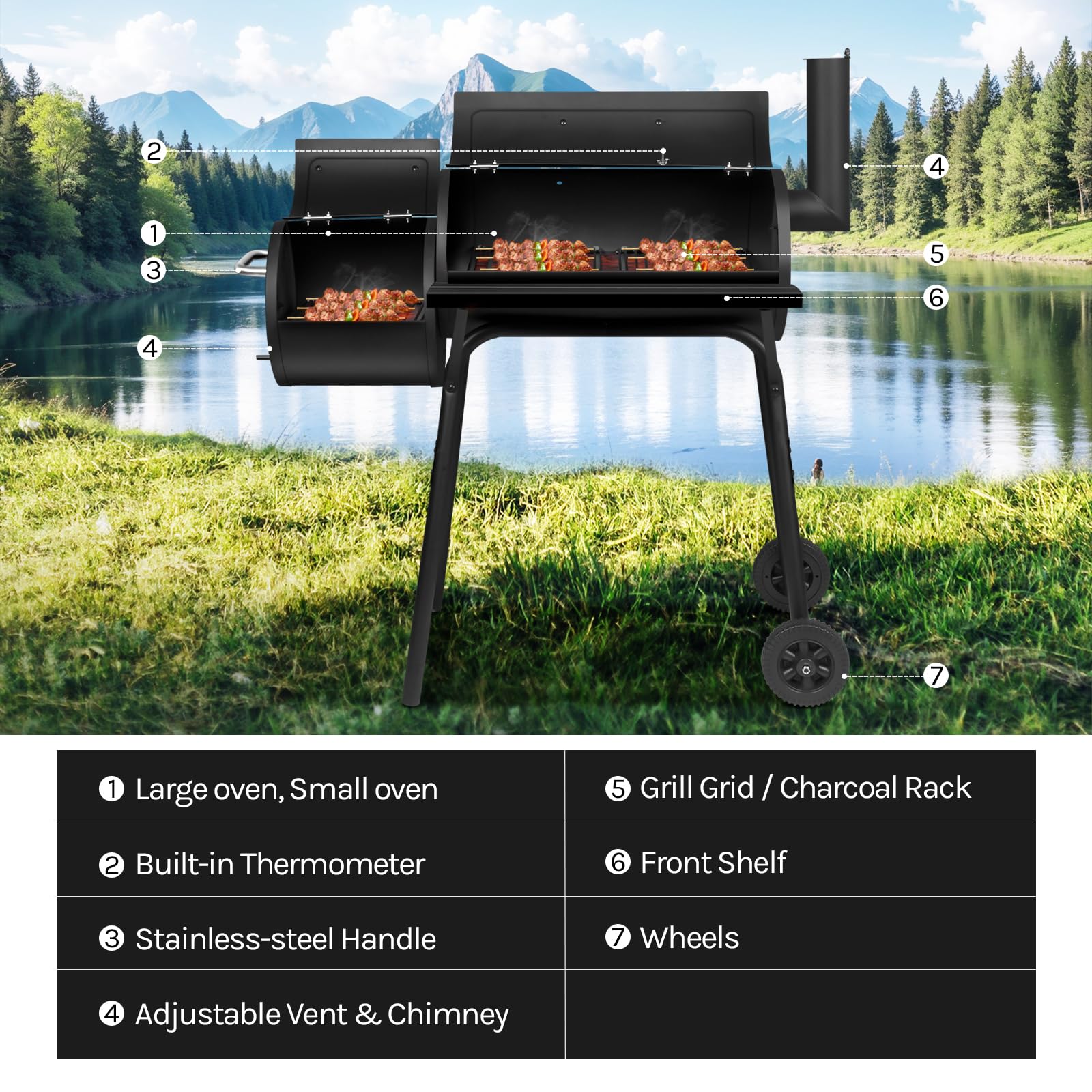 WOLTU CPZ8136sz grill na węgiel drzewny, 2 komory, grill stojący z kółkami transportowymi, 115 x 53 x 114 cm, grill na kemping i do ogrodu, czarny